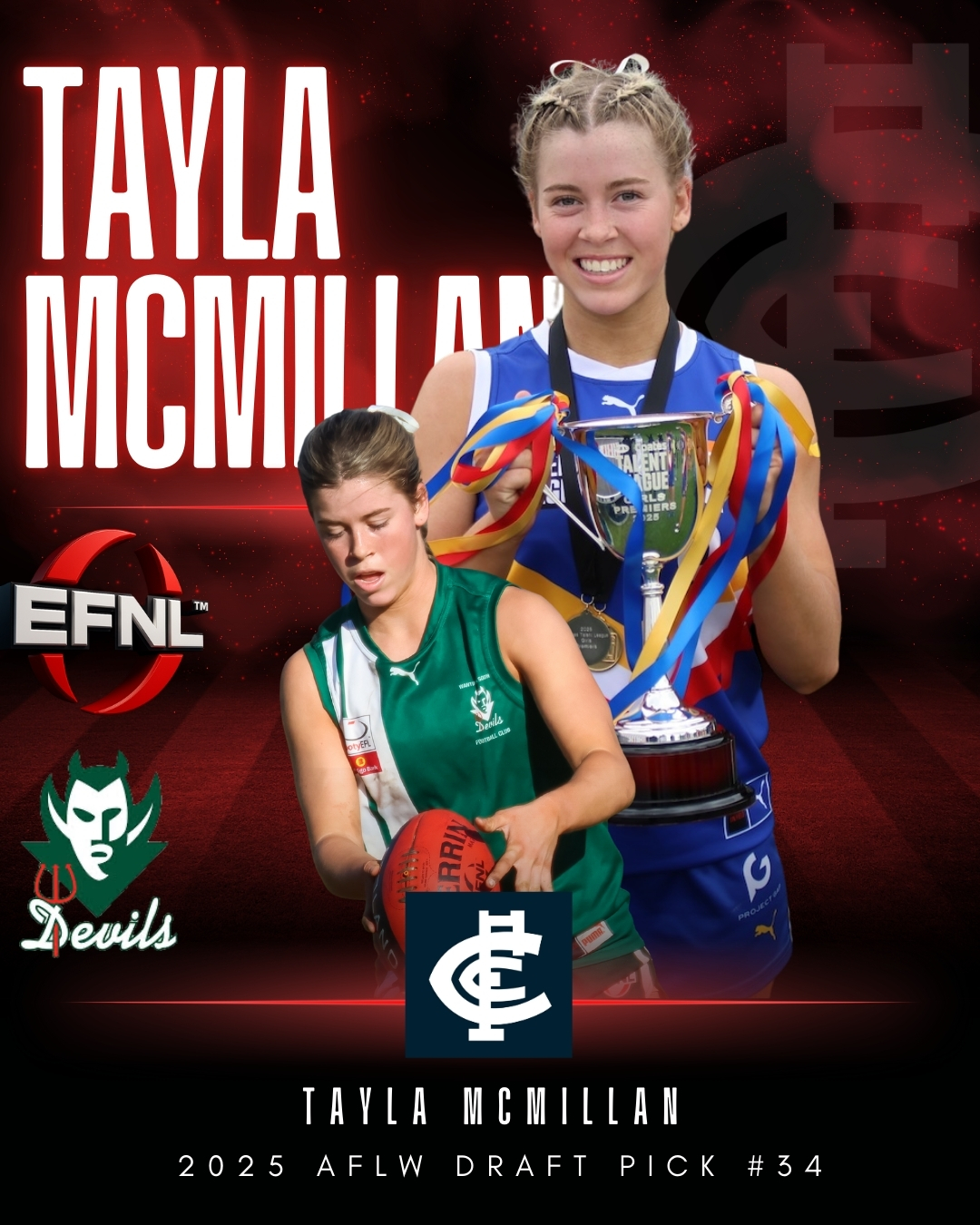 AFLW Draft | Tayla McMillan
Congratulations to @wantirnasouth_fc's Tayla McMillan, selected at Pick number 34 by the @carltonfc_w in tonight's AFLW Draft!