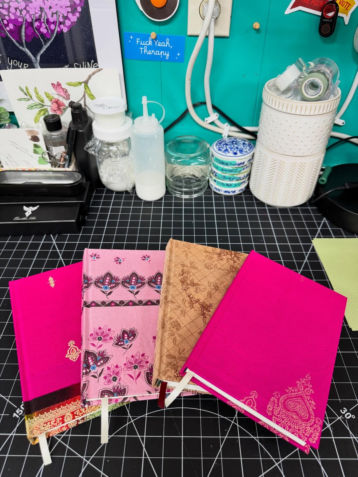 This post is for Hannah, my friend over at @hawkandkey , who wanted to see the final result of the books I made from upcycled sari silk (last slide).
I ended up with five journals (one’s not shown because it was already gifted). I did blank books, dot grids, and lined journals. 😉
To make these I sourced the paper and Davey board from @talasonline, end papers came from @bittermelonbindery. Techniques were a combination of @agassido and @sealemon
#talasonline #bookbinding #handmadebook
