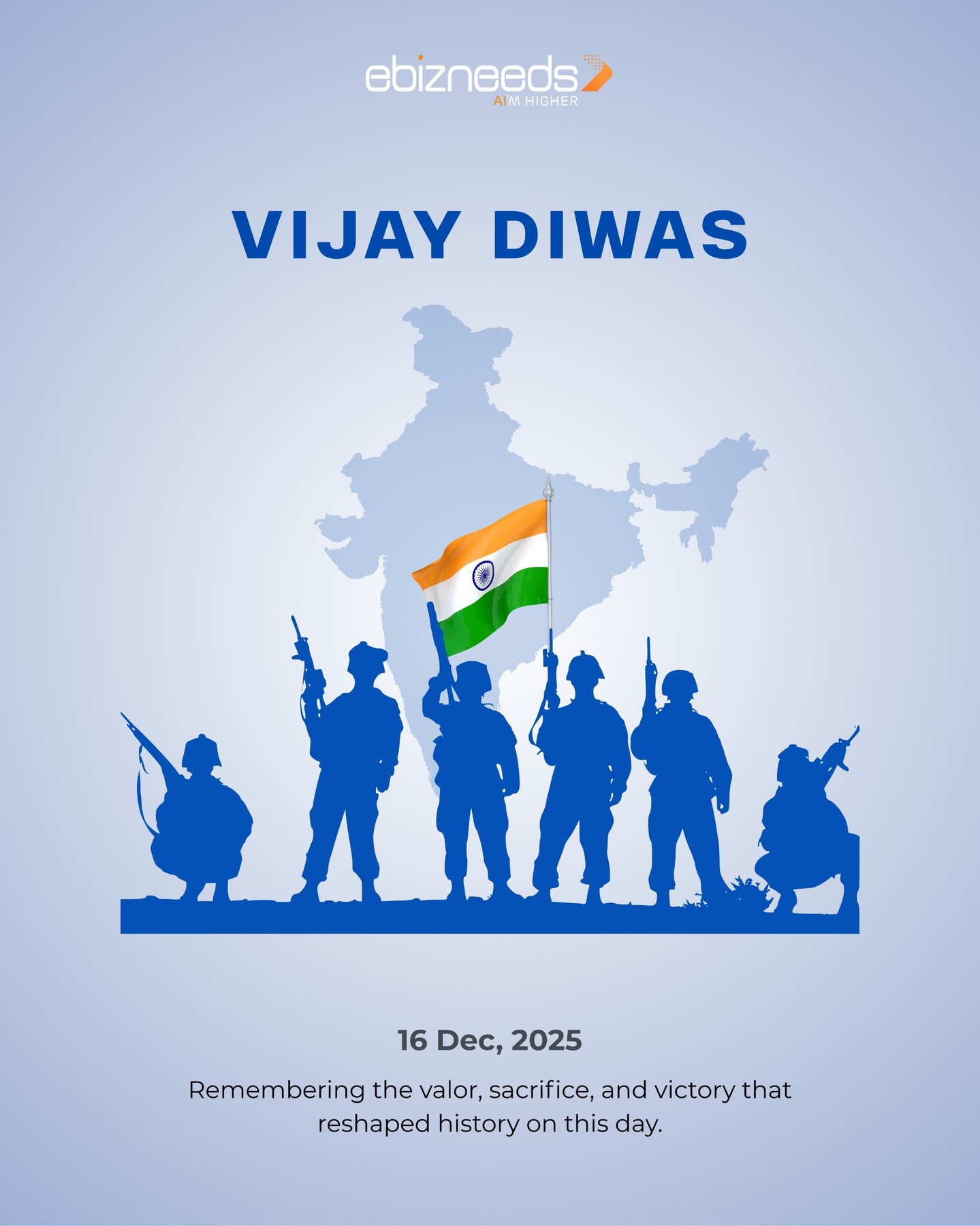 Their bravery reminds us that strong foundations create lasting success—whether for a nation or a mission.
Remembering our heroes on Vijay Diwas.
#VijayDiwas #RespectAndGratitude #IndianSoldiers #PurposeDriven #eBizNeeds