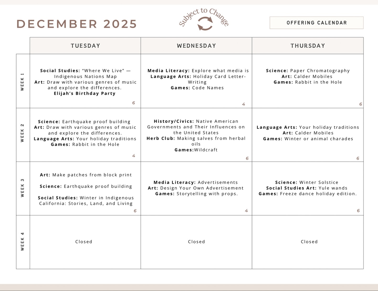 Just wanted to share what we’ve been working on this month and what we will be doing this week. So far, so fun! There’s still a few spaces available for young people to join our program in January. Schedule a tour and see what we’re all about.