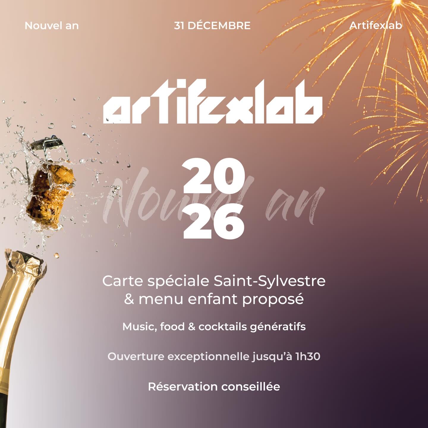 Nouvel an chez Artifexlab ! ✨
Le 31 décembre, Artifexlab vous accueille pour une soirée d’exception afin de célébrer la Saint-Sylvestre dans une ambiance festive, gourmande et conviviale. Venez finir 2025 ensemble lors d’une soirée mémorable.
Au programme du Réveillon :
Une carte spéciale Saint-Sylvestre
Une carte dédiée aux enfants
De la musique & une ambiance festive
Des cocktails inédits
Les places sont limitées, assurez-vous d’être là !
📲 Réservations via TheFork : Lien direct dans la bio !
#Artifexlab #Reveillon2025 #saintsylvestre #paris #parisevent