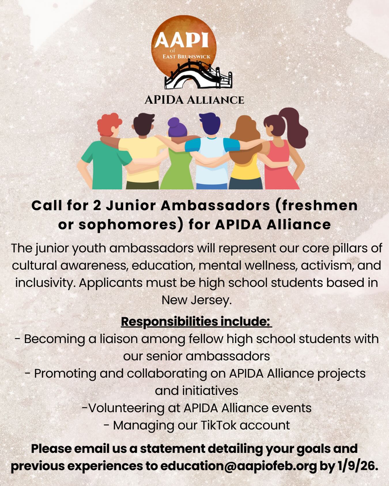 📣 APIDA Alliance is calling for 2 youth ambassadors! Support our core pillars of activism, education, inclusivity, mental wellness, and cultural awareness. Deadline to apply is 1/9/26!