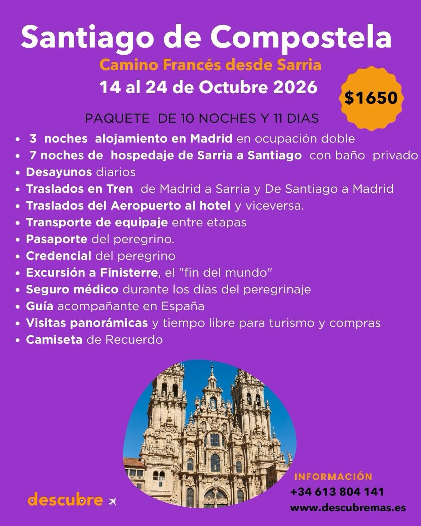 ✨ Camino de Santiago – Octubre 2026
No es solo caminar.
Es desconectar, compartir, retarte y llegar a Santiago con algo más que fotos: una experiencia que se queda contigo.
Grupo acompañado, logística resuelta y el privilegio de vivir el Camino con calma y propósito.
📩 Cupos limitados. Escríbenos para más información. +34 613 804 141
#CaminodeSantiago
#SantiagoDeCompostela
#CaminoFrancés
ViajesConPropósito
ViajesEnGrupo
ExperienciasQueTransforman
ViajarConSentido
Octubre2026
Peregrinos
DescubreMás