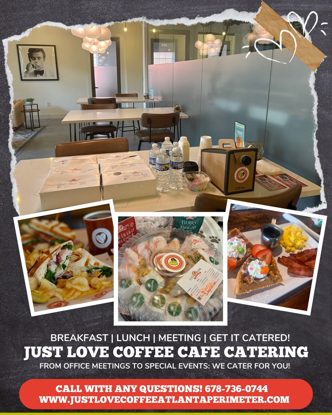 โจ Meetings made better (and tastier!) โจ
From office breakfasts to team lunches and everything in between, Just Love Coffee Cafe Catering brings the love to your table.
โ
Breakfast & lunch boxes
โ
Coffee travelers
โ
Party trays & sweet treats
โ
Custom catering for your next event
๐ 1110 Hammond Drive, Sandy Springs, GA
๐ (678) 736-0744
โฐ MonโFri: 7 AM โ 5 PM | SatโSun: 8 AM โ 5 PM
โจ Catering: ezcater.com/catering/pvt/just-love-coffee-cafe-3
๐ justlovecoffeeatlantaperimeter.com
#JustLoveCoffee #CateringWithLove #OfficeCatering #BreakfastMeeting #AtlantaEats #CoffeeAndCommunity #EatDrinkLove