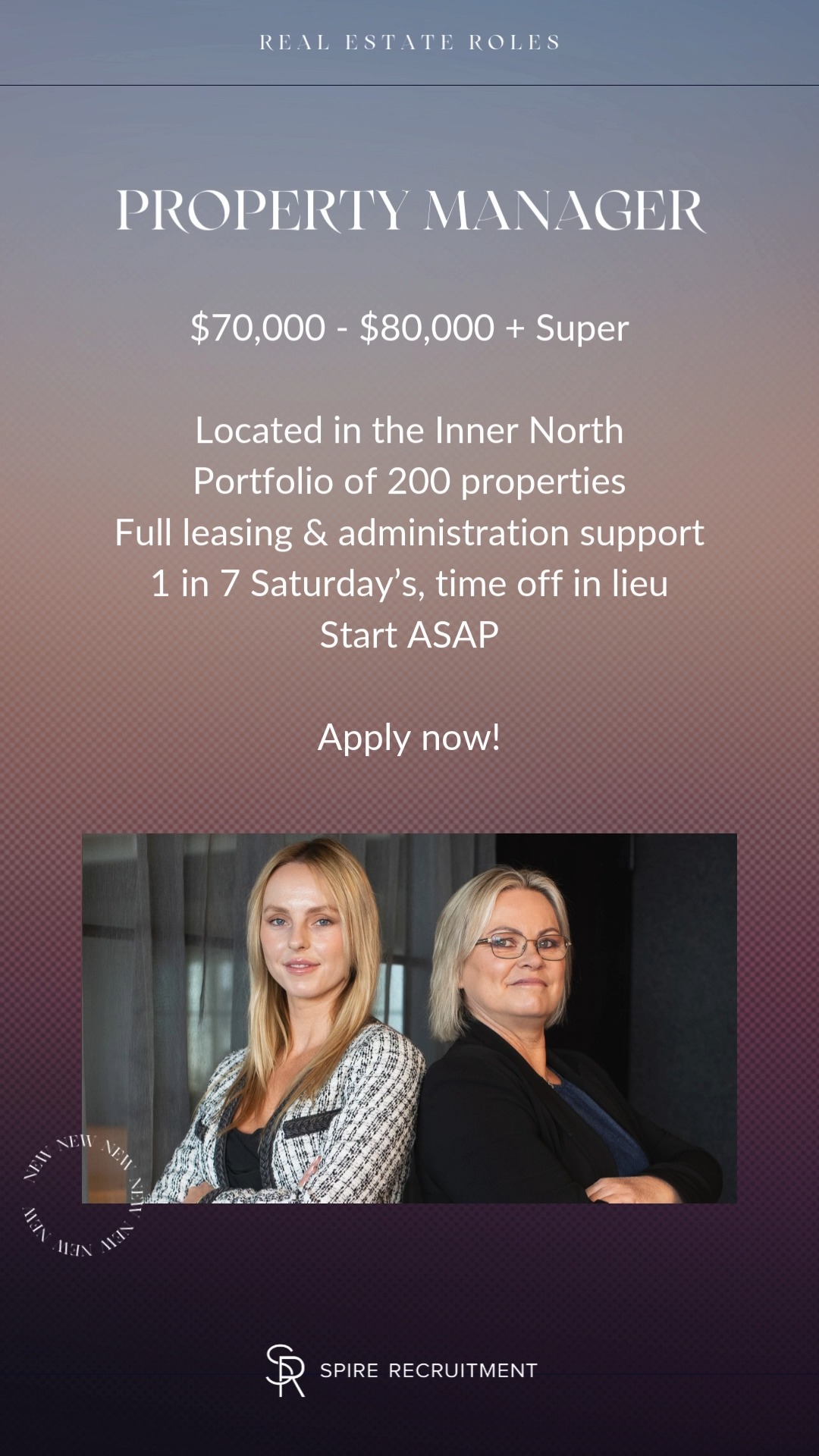🚨 PROPERTY MANAGER WANTED – INNER NORTH 🚨
Ready for your next move in real estate? We’re looking for a Property Manager to join a great team in the Inner North 🏙️
💰 $70,000 – $80,000 + Super
🏠 Portfolio of 200 properties
🤝 Full leasing & administration support
🗓️ Only 1 in 7 Saturdays + time off in lieu 🙌
If you’re organised, driven, and ready to grow your career — this one’s for you! ✨
📩 DM for more details
#realestate #propertymanager #realestateroles #jobsinmelbourne #spirerecuitment #recruitment