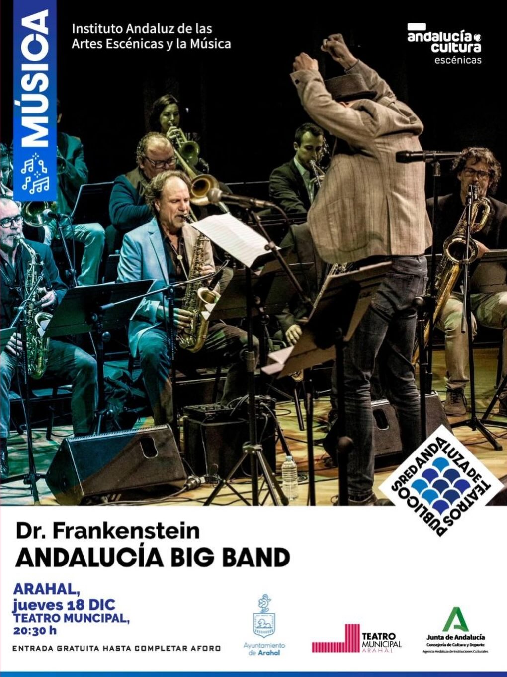 Este jueves... ¡VOLVEMOS!
Estaremos en el Teatro Municipal de Arahal (Sevilla) con nuestro querido Frankenstein.
Dr. Frankenstein (1931), la mítica película de James Whale, no tenía banda sonora. Su potencia visual bastaba por sí sola, aunque hoy nos resulte difícil imaginarla en silencio.
Durante el confinamiento de 2020, Pedro Cortejosa compuso una nueva música para la película, conectando su historia con un mundo marcado por la incertidumbre, la convivencia entre vida y muerte y una naturaleza que reclamaba su lugar. La criatura de Frankenstein vuelve a hablarnos de miedo, rechazo y de la necesidad de amor.
La Andalucía Big Band volvemos a presentar esta suite original en un concierto que une jazz, cine e improvisación visual, con imágenes reinterpretadas en directo por el artista visual Calde Ramírez.
¿Te vienes?
🏛️ Teatro Municipal de Arahal
📆 Jueves 18 de diciembre
⌚️ 20:30 h
💶 Entrada gratuita hasta completar aforo