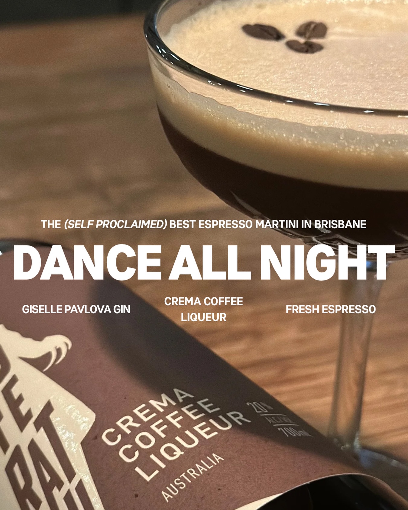 🎶 Dance All Night isn’t just a name—it’s a promise.
We start with Giselle Pavlova Gin (yes, gin), throw in our rich Coffee Crema Liqueur, and finish with espresso so fresh it’s pulled seconds before it hits the tin. The result? Creamy. Lush. Unreasonably good.
The best Espresso Martini in Brisbane? That’s what we’re saying. Come see why. ☕🖤