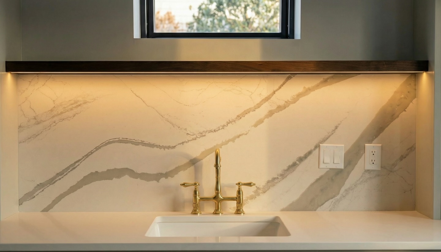 We love this beautiful floating shelf which casts a warm glow, on the dramatically veined backsplash and gorgeous brass tapware. Subtle details make all the difference. 😍
