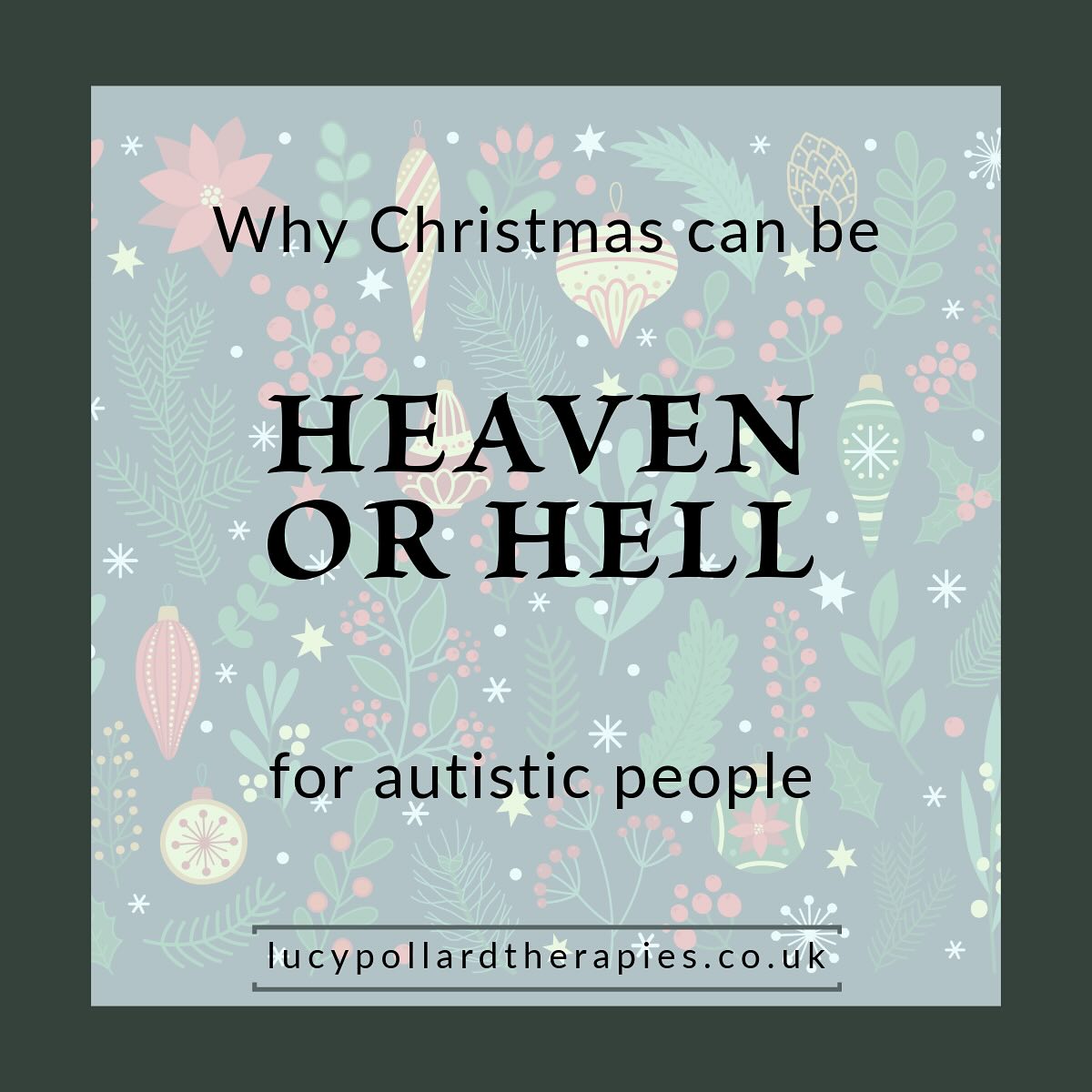 🎄Christmas can feel wonderful or overwhelming for autistic people. Sometimes both at once. It’s a time of fluctuating sensory input, high expectations, increased social demands, and environments that are often not accommodating.
Christmas can feel like heaven when there are:
🎄Predictable rituals and routines
🎄A supportive sensory environment
🎄Special interests are celebrated
🎄Time off school/work allows immersion or monotropic flow in preferred activities
🎄Permission to stay home
🎄Fewer everyday obligations
Christmas can feel like hell at these times:
🔥Sensory overload: Loud music, crowds, multiple conversations
🔥Strong smells (food, candles, perfume)
🔥Uncomfortable clothing
🔥Social pressure and masking: Forced socializing with extended family. Small talk, eye contact, hugs, and “performing happiness”
🔥Long periods of masking which can lead to exhaustion or shutdowns
🔥Disrupted routines: Changes to sleep, meals, and daily structure.
🔥Travel and unfamiliar environments
🔥Emotional overload: Heightened expectations to feel joyful or respond a particular way
🔥Guilt for not enjoying it “enough”
🔥Past family conflict or trauma resurfacing
What helps make Christmas more accessible:
🎁 Clear plans shared in advance
🎁 Quiet spaces to retreat to
🎁 Permission to opt out of activities
🎁 Flexible traditions (short visits, fewer people)
🎁 Respect for sensory needs and boundaries
🎁 Acceptance that joy may look different
What does Christmas look like in your house?