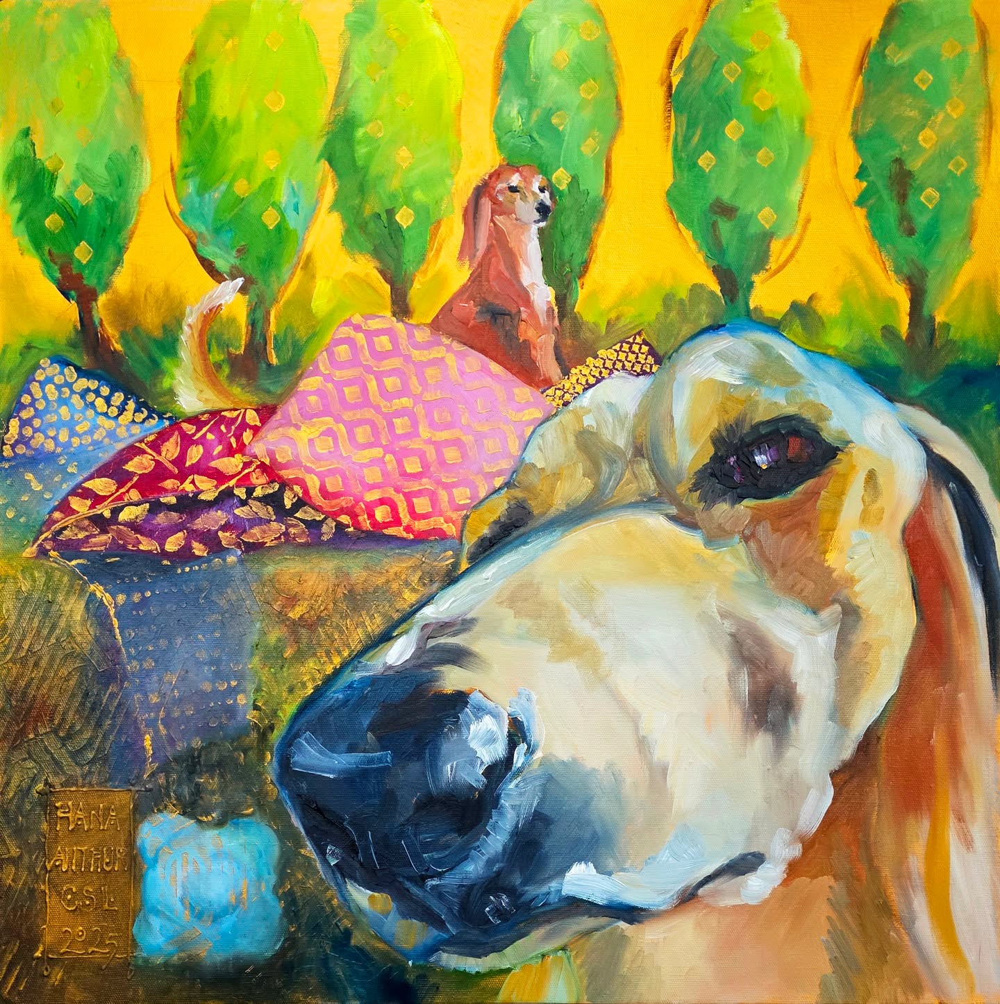 That's it. I have put away my brushes for 2025.
Hana and Arthur
Oil, acrylic and raised gesso on linen covered ply 60x60cm
When you've got a big snoot you may as well play up to it! Arthur photobombing, while Hana looks on disapprovingly.
#saluki #salukipainting #salukisofinstagram #rescuedogsofinstagram #resuesaluki #salukirescue #houndpainting #goldpainting #uniorbust #stripeyhoundart #aberystwythschoolofart