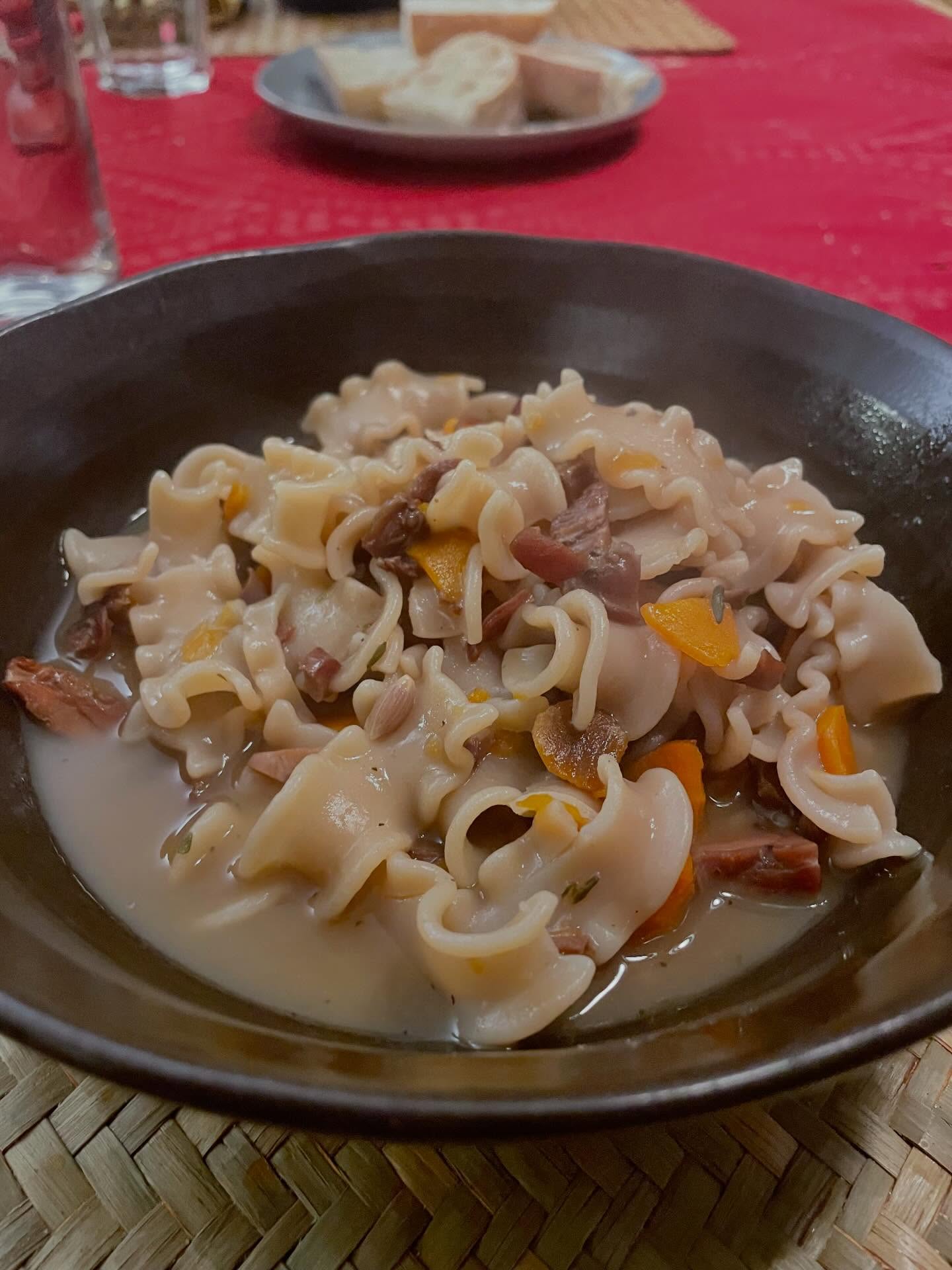 I smoked a bunch of ruffed grouse leg/thigh pieces to make this soup. After smoking, I removed as much meat as possible from the bones and set aside. Then made stock with the bones. The next day the strained stock became the base for this Smoked Grouse Noodle Soup, with the boneless meat going back in. We ate it with crusty bread and topped with a little Parmesan cheese.