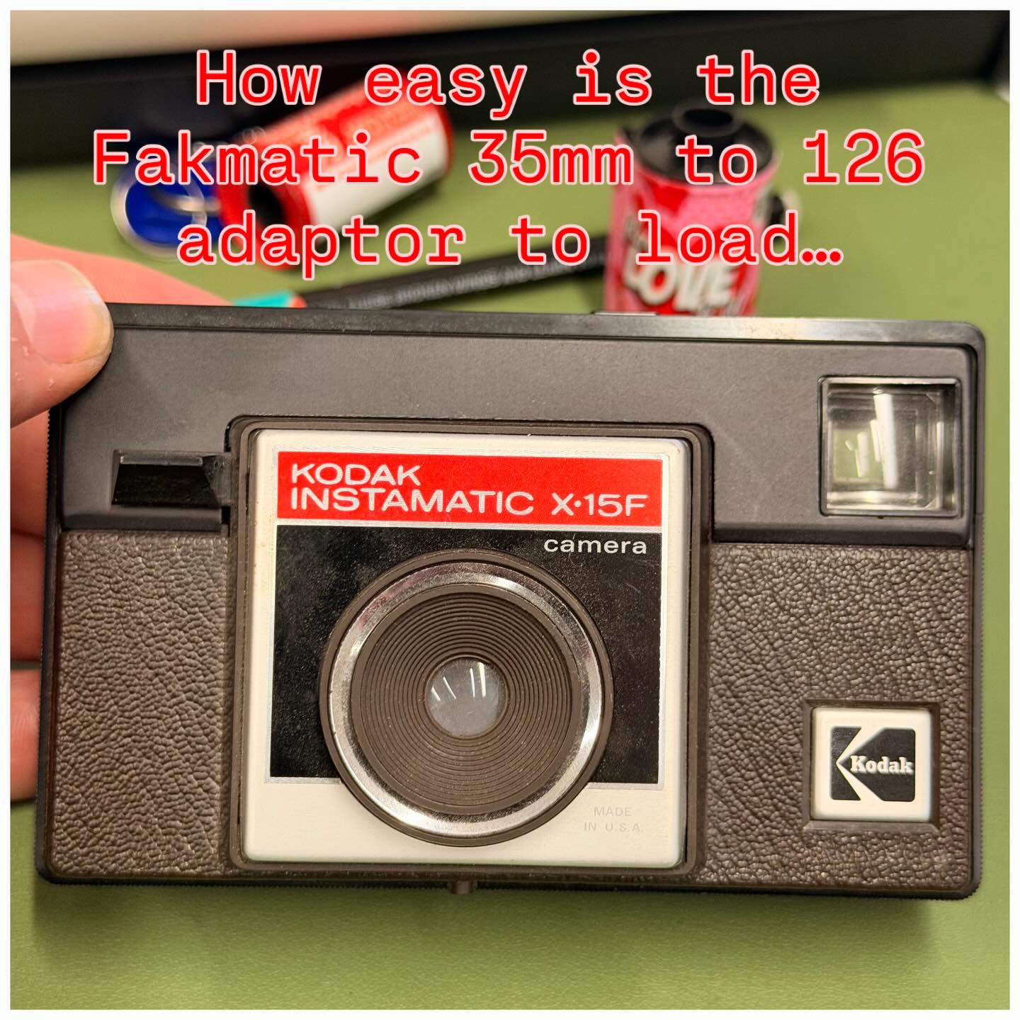 …relatively easy. The Kodak Instamatic X-15F is alive (with Film Photography Project’s kit!).
If you’re used to using a changing bag/dark room then it’s a fairly simple process. This took me around 5mins to setup and load. It’s fiddly but doable. If you’ve never unwound/wound film in the dark, using scissors and tape, then it’s going to be harder and take a lot more time.
Only rolls of film up to 24 exposures can be used (which should yield between 16-20 pictures), which have to be secured to a plastic hub and hand-wound tightly, then cut from the film canister and attached to the Fakmatic spool with tape, and loaded into the cartridge (as supplied). All this in the changing bag/dark room.
Is it worth the effort? Yes, if the pictures develop, and yes, if it means defunct cameras can be used again! Let’s shoot this roll and see what happens…
@filmphotographyproject #analoguephotography #film