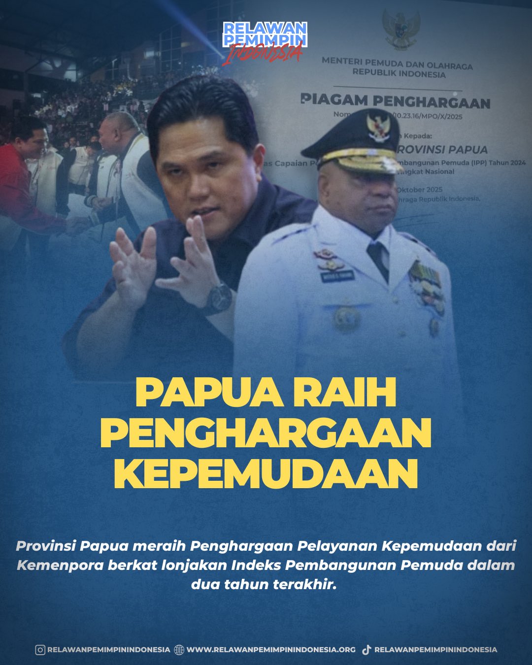 Provinsi Papua meraih Penghargaan Pelayanan Kepemudaan dari Kemenpora setelah Indeks Pembangunan Pemuda naik signifikan dalam dua tahun. Pemerintah provinsi menindaklanjuti capaian ini dengan rencana aksi daerah lintas sektor agar ruang partisipasi pemuda di pendidikan, kesehatan, kerja, dan organisasi makin luas.
Bagaimana menurutmu? Apakah kebijakan kepemudaan di daerah sudah cukup melibatkan pemuda sebagai pengambil keputusan, bukan hanya peserta acara? Tulis di kolom komentar!
Follow @relawanpemimpinindonesia untuk konten inspiratif lainnya.
#Relawanpemimpinindonesia #Papua #PembangunanPemuda #KebijakanPublik
