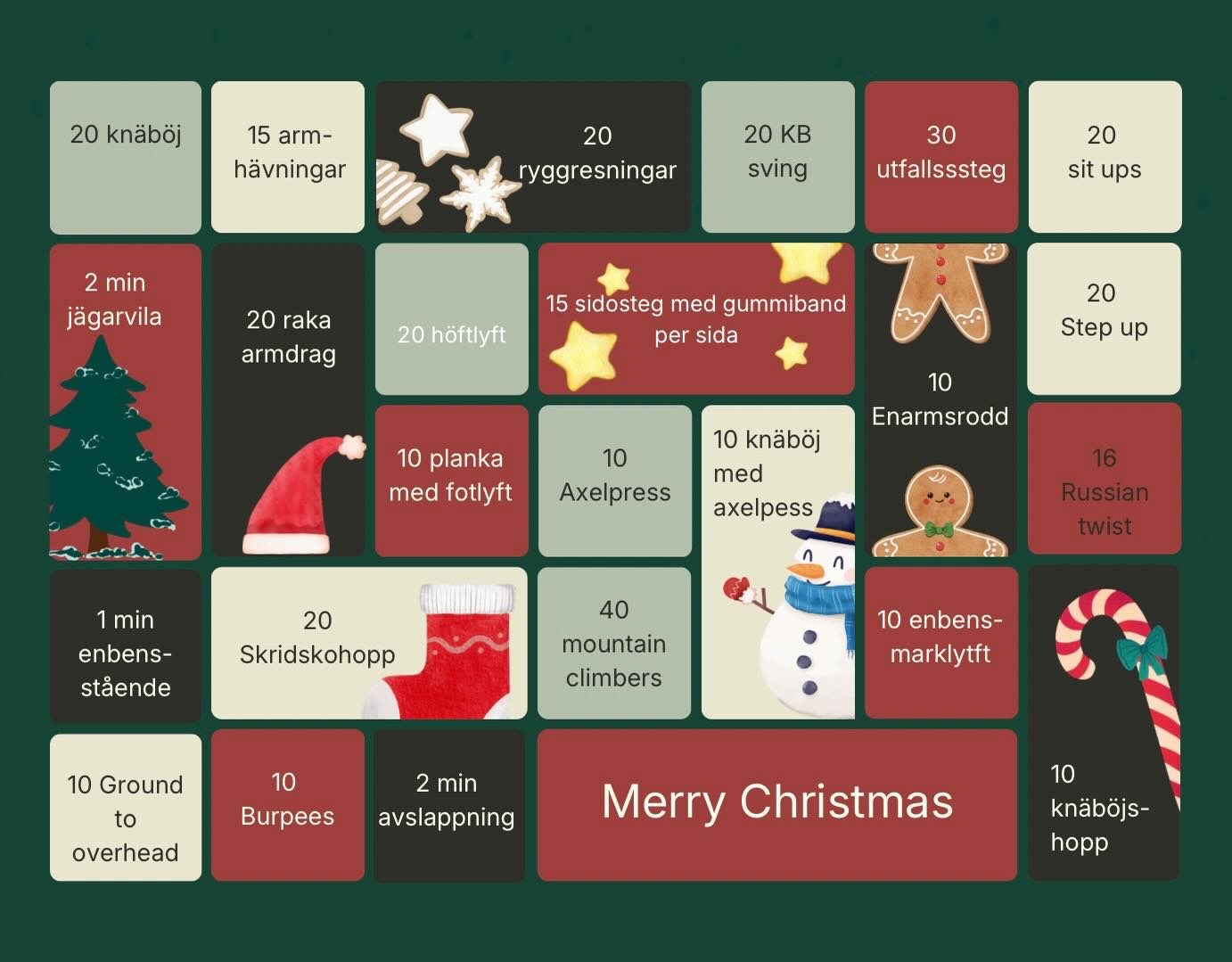 Här kommer ett roligt upplägg till ett träningspass - jobba dig igenom alla luckor i vår adventskalender. Du tar dem i den ordning som du vill. Om du kör exakt enligt kalendern behöver du en kettlebell, ett gummiband och ett miniband samt något att kliva upp på.
Annars byter du ut övningarna till något som passar dig👍 Vi körde en variant på detta med andra övningar och i par om två med ett företag i studion den här veckan.
Lycka till🎄👍💪