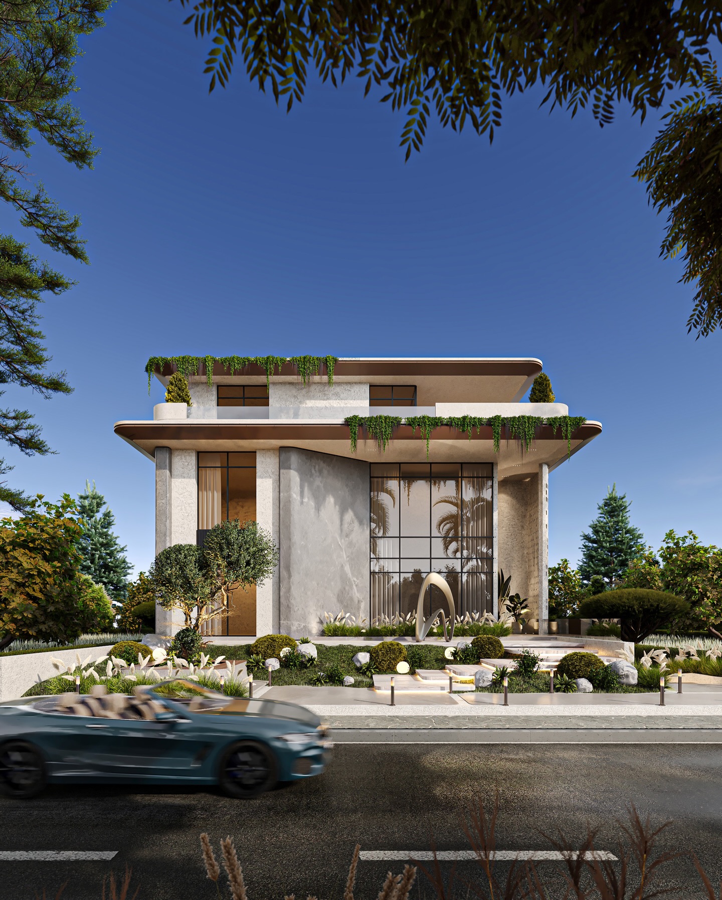 Private Villa | Amman, Jordan
Designed on a 1,200 sqm plot with a total built-up area of approximately 1,300 sqm, this villa embodies architectural fluidity through soft curves, layered terraces, and a seamless connection to nature.
The material palette blends natural stone, refined concrete, and warm wood finishes, creating a calm yet luxurious architectural expression.
Outdoor spaces were designed as an extension of the architecture, where water, greenery, and open seating come together in a refined contemporary language.
This project reflects Maroon Architects’ design philosophy timeless architecture shaped by balance, elegance, and thoughtful detail.