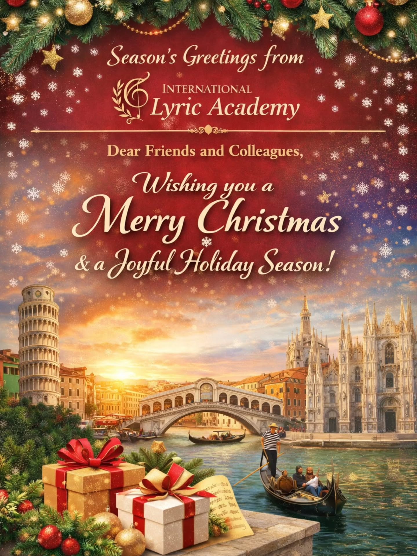 ✨🎄 Merry Christmas from International Lyric Academy 🎶✨
From our international family of artists, teachers, and dreamers, we wish you a season filled with music, light, and inspiration. May your holidays resonate with harmony, passion, and new beginnings—on stage and beyond.
With gratitude and love,
International Lyric Academy 🌍🎼
.
.
.
.
.
#MerryChristmas #InternationalLyricAcademy #OperaLife #LyricArtists #ClassicalMusic