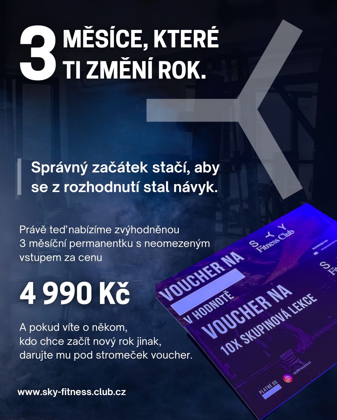 ⭐️N O V Ý S T A R T⭐️
Někdy stačí správný začátek, aby se z rozhodnutí stal návyk. A právě teď máš ideální příležitost začít. Bez omezení. Bez výmluv. Jen ty, pohyb a čas pro sebe.
👉Nabízíme zvýhodněnou 3měsíční permanentku s neomezeným vstupem
💰za 4 990 Kč
🎁A pokud víš o někom, kdo chce začít nový rok jinak, voucher je perfektní dárek pod stromeček – smysluplný, motivační a dlouhodobý.
📍Více info na: https://skyfitnessclub.inrs.cz/rs/permanentka2user/prehled/1032
#novystart #skyfitnessclub #skyfitness #fitnesscz #gymcz