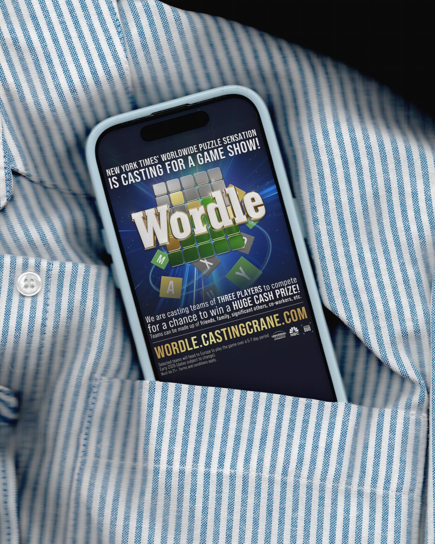 The New York Times’ worldwide puzzle sensation is casting for a game show!
We are casting teams of THREE PLAYERS to compete for a chance to win a HUGE CASH PRIZE!
Teams can be made up of friends, family, significant others, coworkers, etc.
Apply now at WORDLE.CASTINGCRANE.COM
#wordle #gameshow #casting #wordlegame #nytimes #castingcall #teamgame #wordpuzzle #gameshowcasting #wordlegameshow