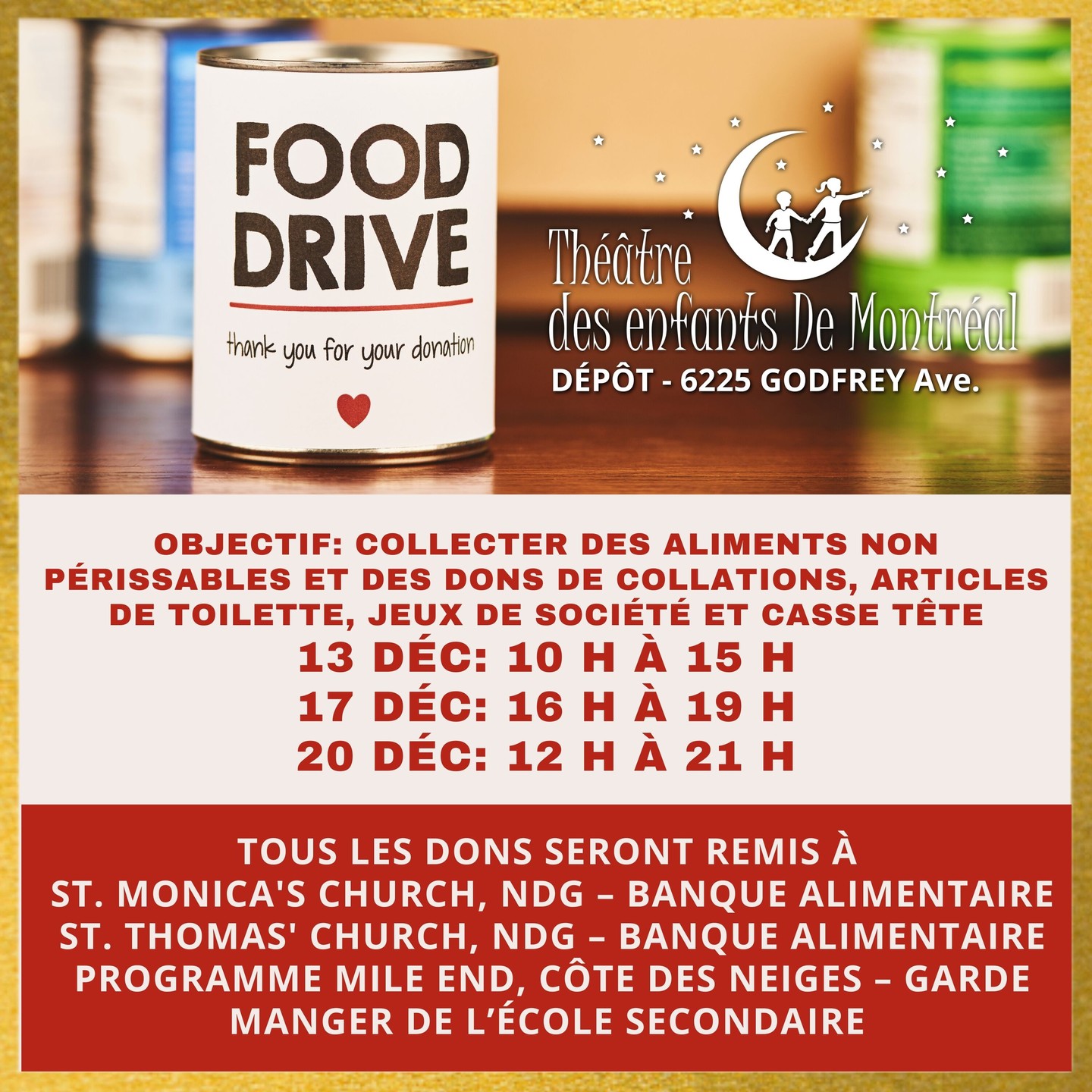 🎁🥫 Collecte alimentaire des Fêtes à NDG et Côte des Neiges 🥫🎁
Nous recueillons des aliments non périssables, collations, articles de toilette, jeux de société et casse têtes pour soutenir les familles locales pendant la période des Fêtes. Votre générosité apporte du réconfort et de la dignité aux personnes qui en ont besoin.
📅 Dates de dépôt:
• 13 déc: 10 h à 15 h
• 17 déc: 16 h à 19 h
• 20 déc: 12 h à 21 h
💚 Tous les dons seront remis à:
St. Monica's Church, NDG – Banque alimentaire
St. Thomas' Church, NDG – Banque alimentaire
Programme Mile End, Côte des Neiges – Garde manger de l’école secondaire
🙏 Merci de soutenir votre communauté pendant les Fêtes. Chaque don compte.
#CollecteAlimentaire #DonDAliments #SoutienCommunautaire #Redonner #CommunautéNDG #CoteDesNeiges #PartageDeBonté #SoutienLocal #DonsDesFêtes #DonnezAujourdHui #FaireUneDifférence #AiderLesFamilles #PartageDesFêtes #SoinsCommunautaires #EspritDesFêtes
