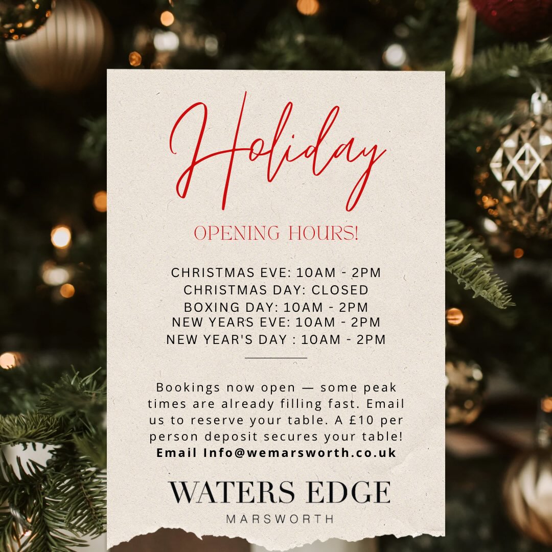 ✨ Holiday opening hours ✨
We’ll be here over the festive period serving cosy coffees, homemade food and a warm welcome.
We’re open right through Christmas and New Year (closed Christmas Day only!) ✨
🎁 Every child gets a small festive present with a kids’ meal (while stocks last).
Bookings now open, come and keep us busy and enjoy those special festive days at your favourite home from home and finish with a lovely family walk around the beautiful reservoirs💙
📧info@wemarsworth.co.uk
#WatersEdgeMarsworth #FestiveSeason #SupportLocal