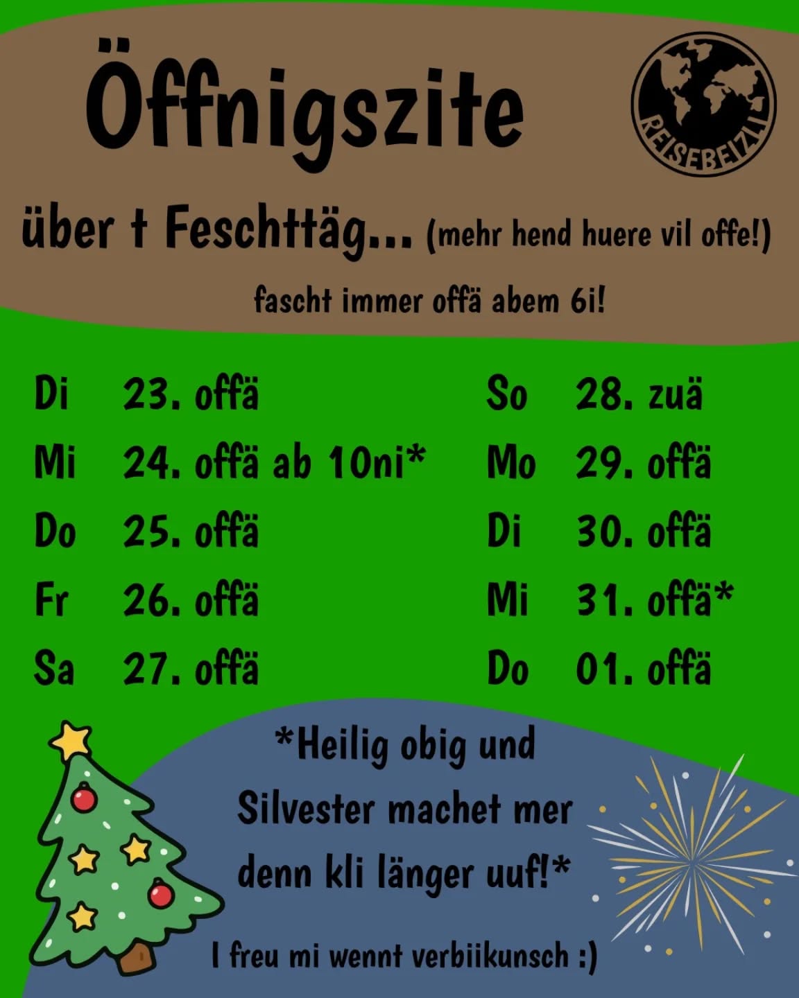 Hääälöölääää... Hesch du scho ghört dass T Junglebar vom Reisebeizli rüächt vil offä isch über t feschttääg?!?
Denn hesch aber guet ghört!
Silvester und Heiligobig ab 10ni am Obig fiiret mer denn riiichtig lang...
Kumsch au?
#reisebeizli #lichtensteig #RathausfürKultur #gnüsse #offä #Bier #Wein #Aperitif #Summerbar #Foodtruck #Reisefüdli #wowtoggenburg #gemeindelichtensteig #toggenburg #wiefunktioniertdamitdänehäshtägs #keiahnig #hörejetztufdemit