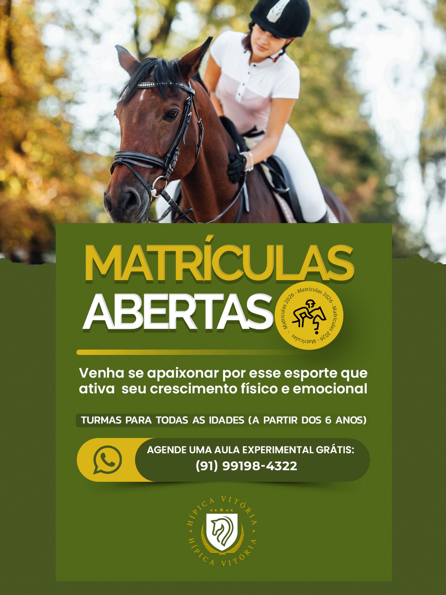 Mais do que um esporte, a equitação é disciplina, confiança e desenvolvimento físico e emocional.
Aqui, crianças, jovens e adultos aprendem com segurança, técnica e conexão verdadeira com o cavalo.
✨ Turmas a partir dos 6 anos
✨ Acompanhamento com instrutores profissionais
✨ Ambiente seguro e contato com a natureza
✨ Aula experimental gratuita
📲 Garanta sua vaga e venha viver essa experiência transformadora.
Agende agora pelo WhatsApp e dê o primeiro passo no mundo do hipismo.