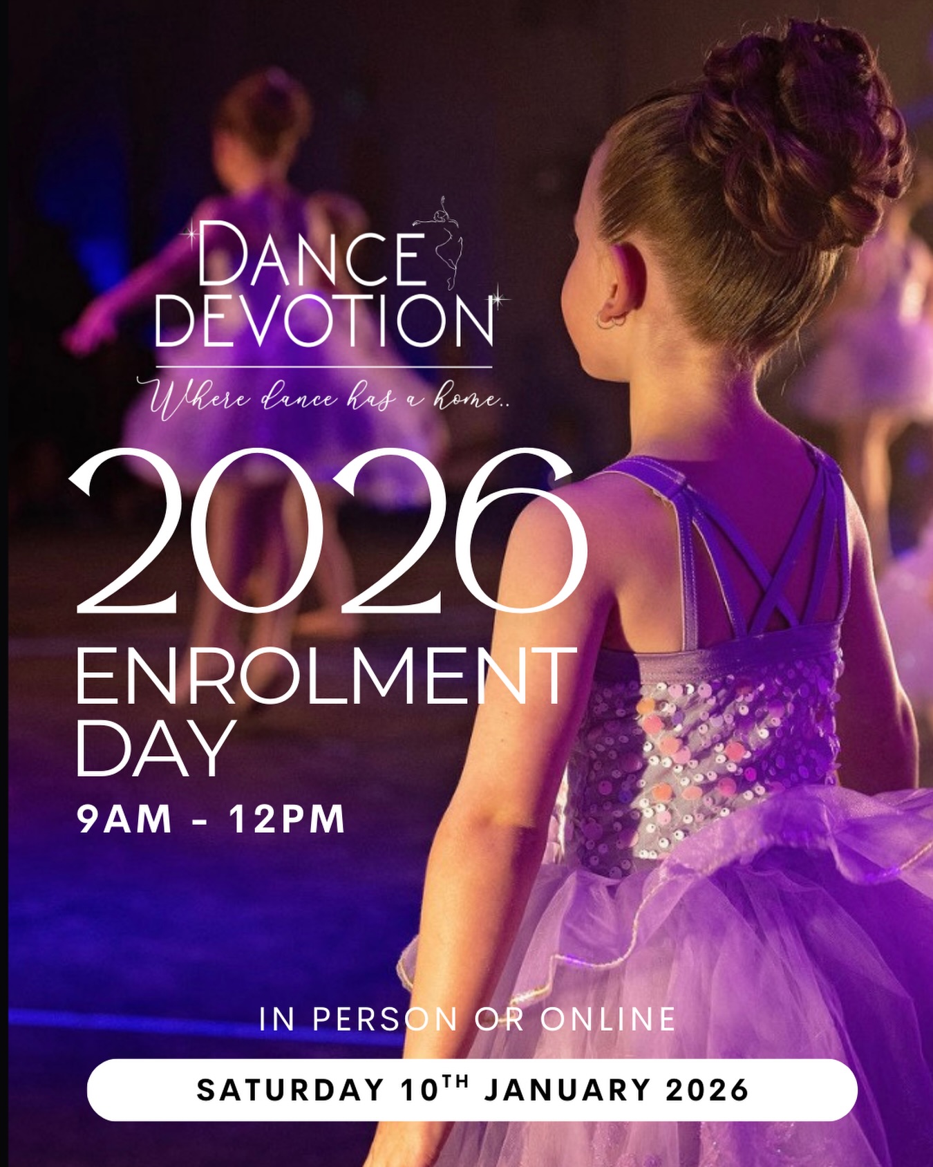 ✨ 2026 Enrolment Day ✨
Join us as we step into a new dance year
Saturday 10th January
🩰 In person: 9am–12pm
📍 Dance Devotion Studio
1/8 Gilpin Street
💻 Online enrolments open from 9am, 10th January
(Full online enrolment information coming soon)
🗓️ 2026 Timetable released online shortly