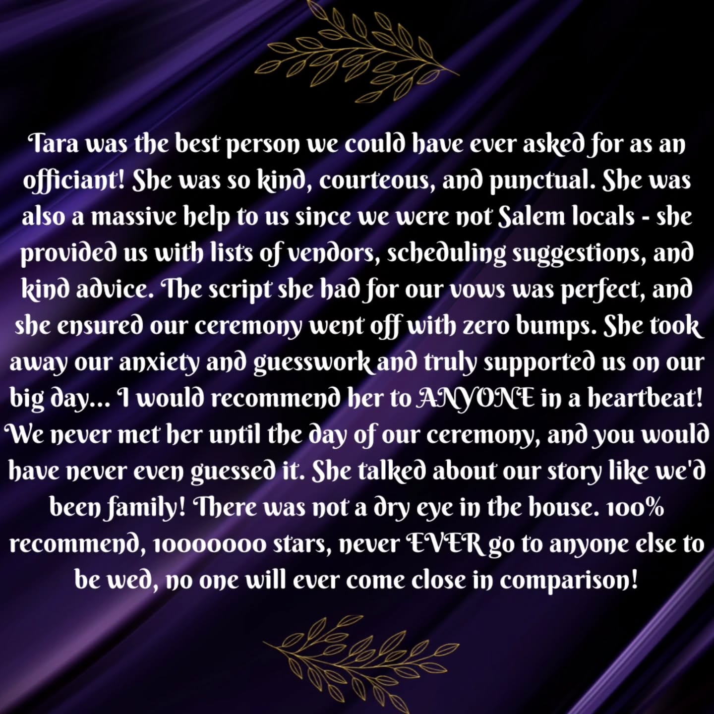 Another ⭐️⭐️⭐️⭐️⭐️ review from a very happy couple! I’m endlessly grateful for the incredible humans who trust me with such meaningful moments... they are truly the best part of this work. 🖤✨️
My 2026 and 2027 books are open, and dates are already starting to fill up very quickly! You can check out my full availability calendar and all the details over on my website. 👩🦰🔮🕯️✍️🎤