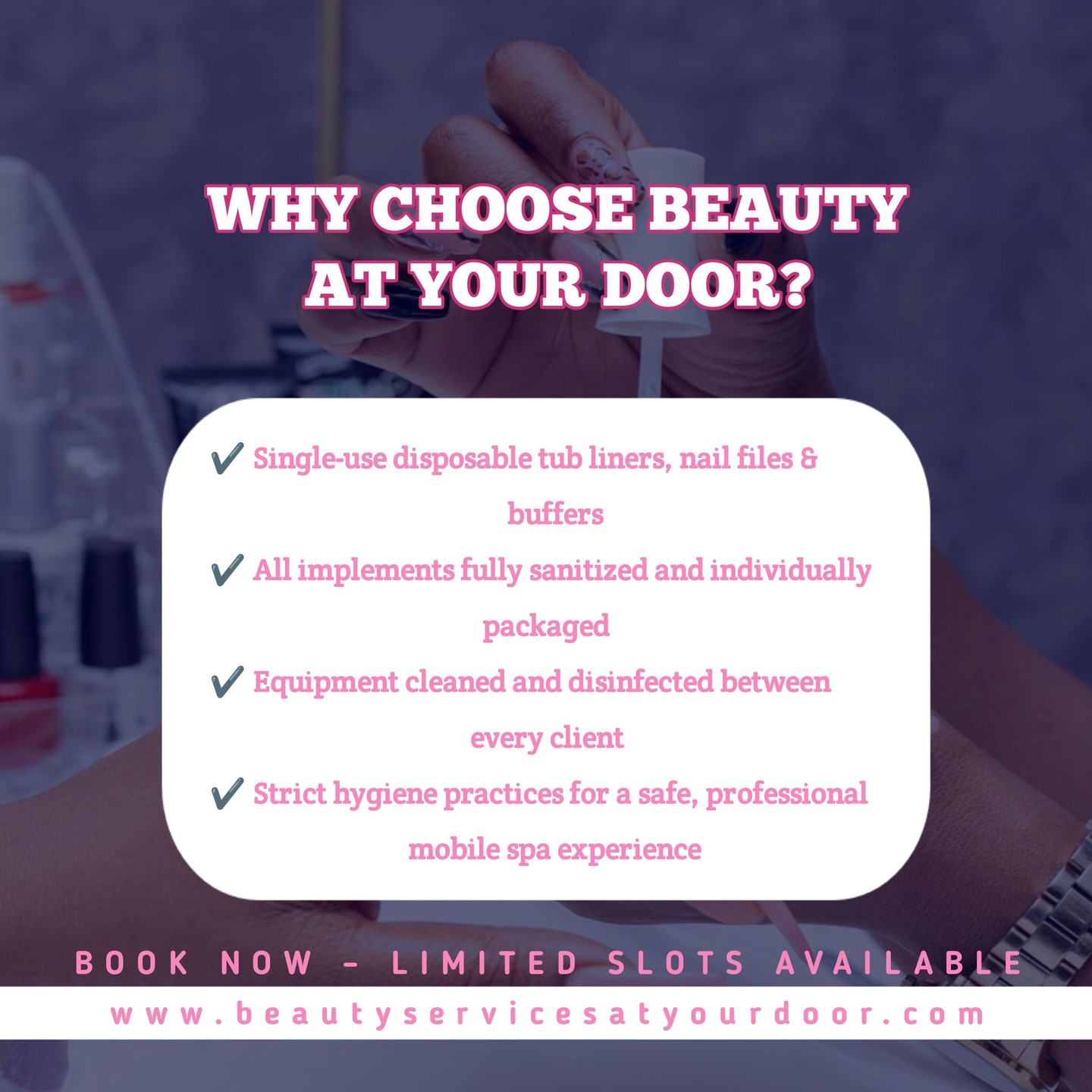 Wondering why our clients keep choosing Beauty At Your Door?
✔️ Single-use tools
✔️ Fully sanitized and individually packaged implements
✔️ Clean, safe, and professional in-home spa experience
Your hygiene isn’t optional — it’s our standard.
📩 DM to book
🌐 Limited slots available
#BeautyAtYourDoor #MobileSpaGTA #InHomeSpa #CleanBeautyServices #MobileNailsGTA #LuxuryAtHome #GTAEsthetician #Mississauga #Brampton #Canada