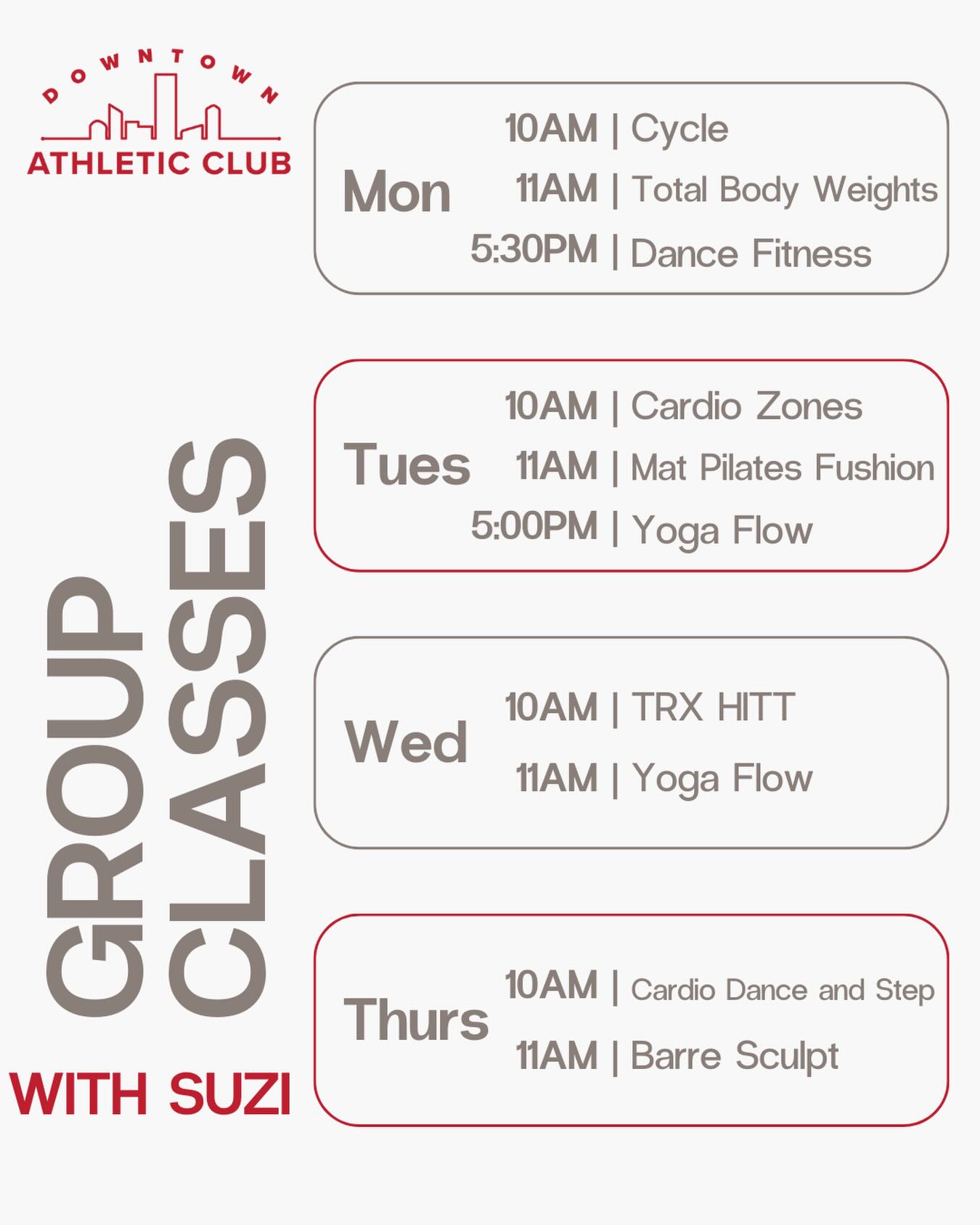 Group classes with Suzi will be back at the DAC on January 5th!
Join Suzi for a full lineup of fun, energizing classes Monday–Thursday from cycle and strength to dance, Pilates, yoga, TRX, and barre!