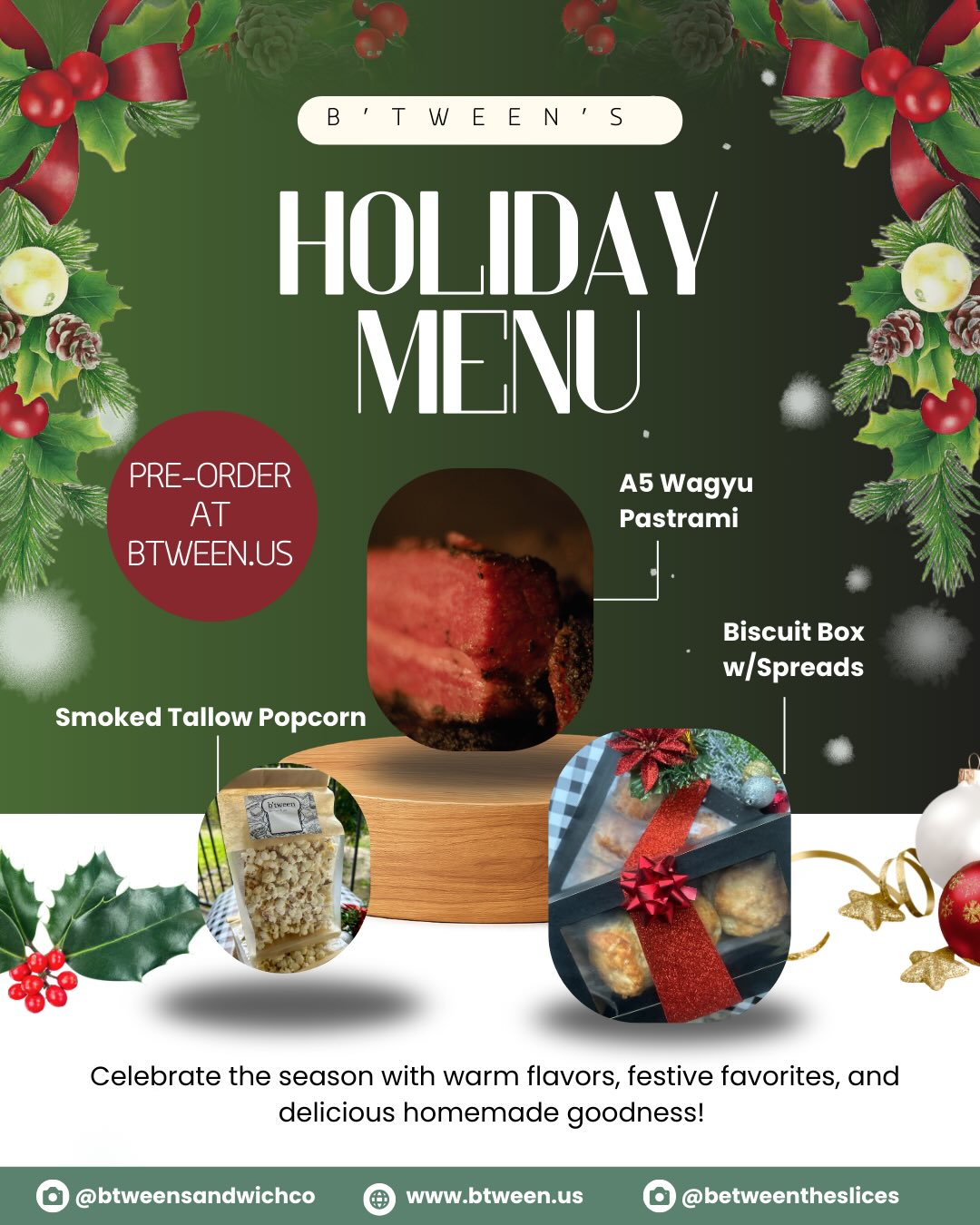 ✨I LOVE LOVE LOVE a good Holiday breakfast/brunch and @btweensandwichco has the goods to help complete yours!
We are selling our famous buttermilk biscuits in a holiday biscuit box - 3 count or 6 count! This Biscuit Box comes with a flight of spreads. We also have our smoked Wagyu pastrami…your charcuterie board will thank you! And the smoked tallow popcorn is great for snacking on…or gift giving.
Pre-Order now at BTWEEN.US and pick up at our booth at Rice Village Farmers Market this Sunday 12/21 from 9am to 1pm. Or we can set a pickup time for Monday 12/22 or Tuesday 12/23.
Happy Holidays and Merry Christmas!!! ❤️