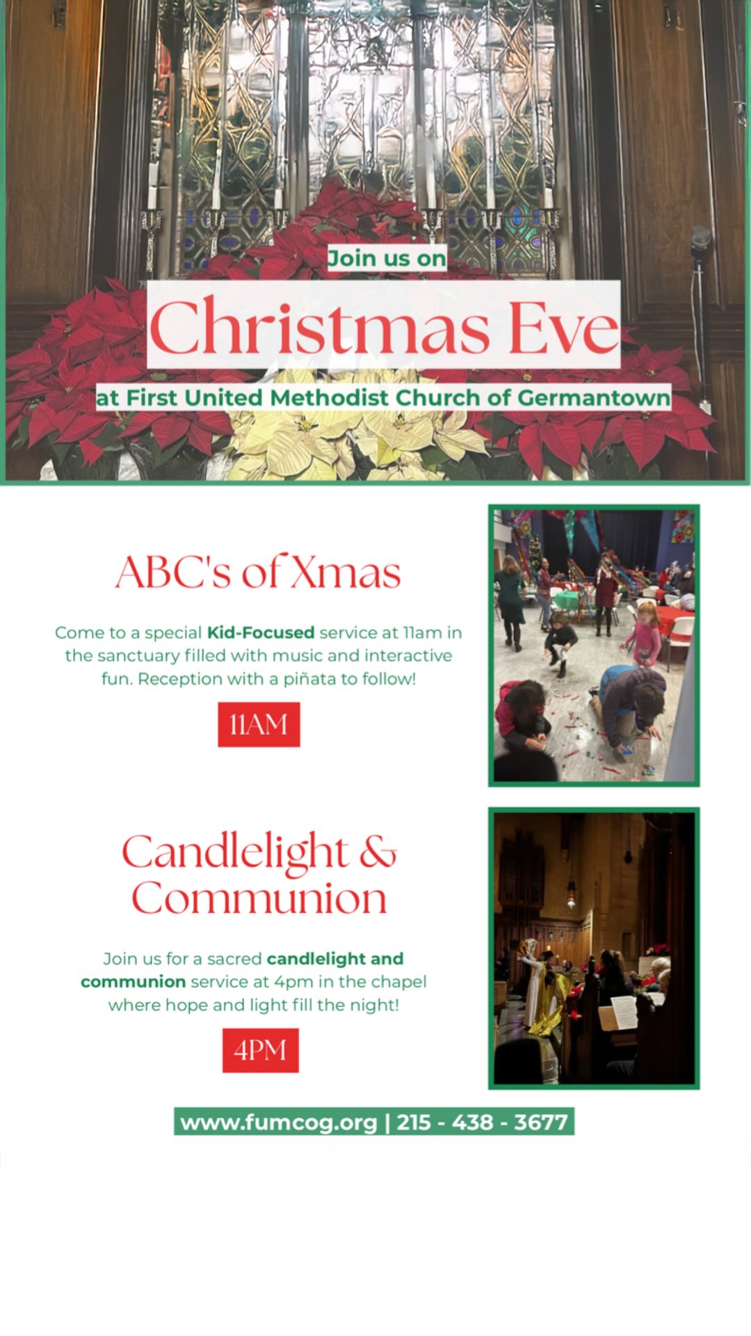 Join us on Christmas Eve at First United Methodist Church of Germantown!✨🎄
Whether you’re coming with kids, friends, or on your own, there’s a place for you here.
👧🧒 ABC’s of Xmas – Kid-focused, music-filled service at 11AM (plus a piñata!)
🕯️✝️ Candlelight & Communion – Sacred service at 4PM in the chapel
All are welcome. Come as you are. ❤️