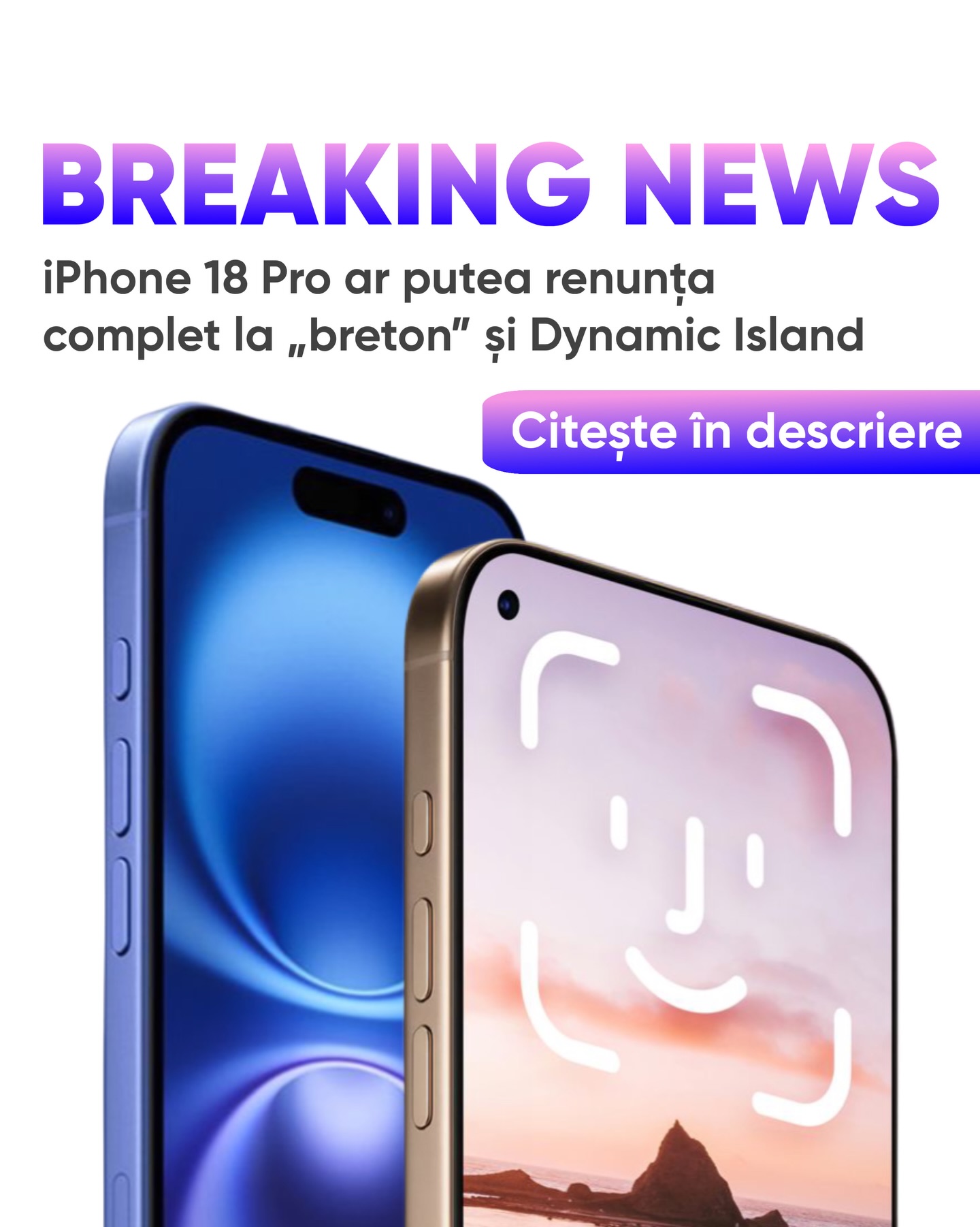 📱 iPhone 18 Pro ar putea renunța complet la „breton” și Dynamic Island
Potrivit celor mai recente informații din presa tech, Apple pregătește un design frontal radical nou pentru iPhone 18 Pro și Pro Max.
🔹 Dynamic Island ar putea fi eliminat
🔹 Camera frontală mutată într-un mic orificiu în colțul stânga sus
🔹 Face ID ar urma să fie integrat sub ecran, devenind invizibil
Rezultatul? Un ecran aproape complet „edge-to-edge”, fără decupaje centrale, mai curat și mai modern ca niciodată.
📅 Lansarea este estimată pentru 2026, iar până atunci Apple testează intens tehnologia Face ID sub display.
⚠️ Deocamdată, toate informațiile sunt zvonuri, dar vin din surse credibile din industrie.
👉 Crezi că acesta este viitorul iPhone-ului?
📱 iPhone 18 Pro может полностью избавиться от «чёлки» и Dynamic Island
По данным западных тех-СМИ, Apple готовит кардинально новый дизайн фронтальной части iPhone 18 Pro и Pro Max.
🔹 Dynamic Island могут убрать
🔹 Фронтальную камеру перенесут в небольшой вырез в левом верхнем углу
🔹 Face ID планируют встроить под экран, сделав его невидимым
В результате смартфон получит почти полностью цельный дисплей без центральных вырезов — максимально чистый и современный внешний вид.
📅 Ожидаемая дата релиза — 2026 год.
⚠️ На данный момент это слухи, но они основаны на утечках от надежных источников.
👉 Как тебе такой дизайн будущего iPhone?