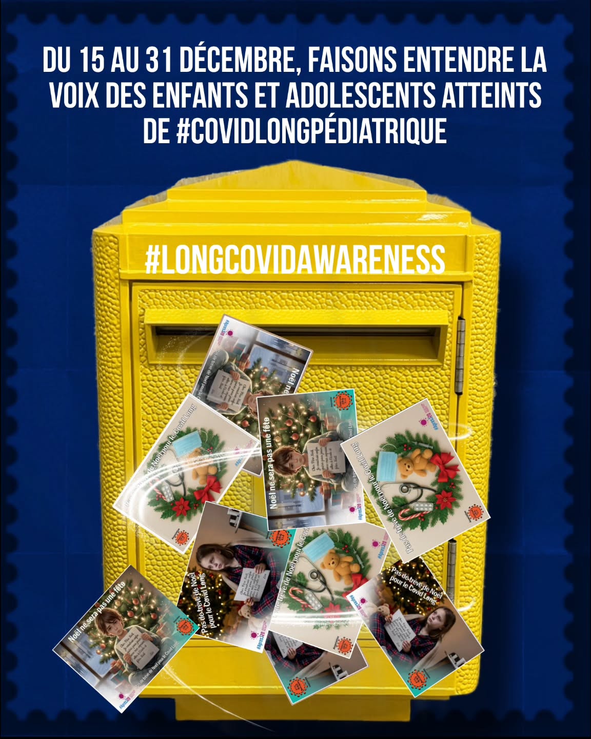 📢#LongCovidAwareness
Les enfants aussi sont concernés
Du 15 au 31 décembre, les associations @apresj20_covidlong et @assoc_covidlongenfants lancent une action collective pour rendre visible le #CovidLongPédiatrique
✍️Écrivons une carte postale à la ministre de la Santé, Stéphanie Rist.
Des enfants épuisés, déscolarisés, douloureux.
Des familles sans réponses.
Le silence ne peut plus durer.
💌 Une carte. Un message. Une réalité à entendre.
📮 À envoyer avant le 31 décembre à :
Stéphanie Rist
Ministère de la Santé
14, avenue Duquesne
75350 Paris 07 SP
📸 Partagez votre carte avec :
#LongCovidAwareness #CovidLongPediatrique #CovidLong #ApresJ20 #CovidLongEnfants
👉 Visuels disponibles ici :
Carte Garçon 👉 urlr.me/CkFSrP
Carte Fille 👉 urlr.me/gWGVn2
Carte Ourson👉 urlr.me/Bpfhst
📣Faisons du bruit pour les enfants malades du Covid Long