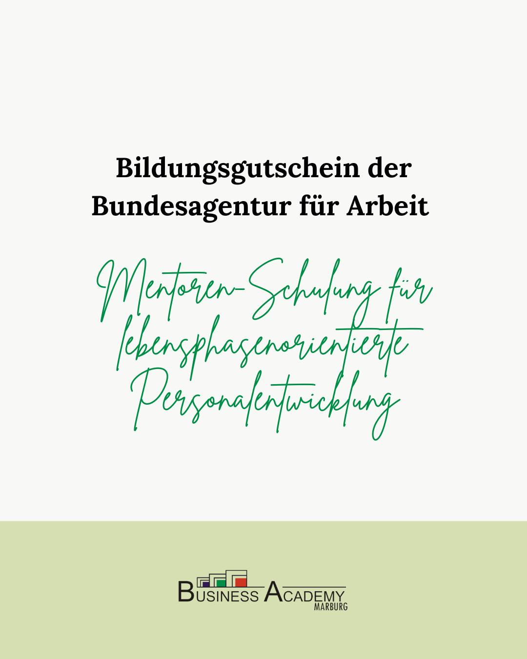 Mit einem Bildungsgutschein der Bundesagentur für Arbeit starten Sie Ihre geförderte Weiterbildung „Mentoren-Schulung für lebensphasenorientierte Personalentwicklung“ an der Business Academy Marburg.
Die Weiterbildung befähigt Sie, Mitarbeitende in verschiedenen Lebensphasen bedarfsgerecht zu unterstützen – mit starkem Fokus auf Empowerment, Resilienzförderung und nachhaltigem Generationenmanagement. Sie lernen, Potenziale zu entfalten, Widerstandsfähigkeit zu stärken und selbstbestimmte Lösungen zu fördern, um Teambindung und Unternehmensentwicklung voranzutreiben.
Mit dieser AZAV-zertifizierten Qualifikation erwerben Sie gefragte Kompetenzen für Führungskräfte in Pflege und Gesundheitswesen und erweitern damit nachhaltig Ihre Chancen am Arbeitsmarkt.
Unsere Weiterbildung ist AZAV-zertifiziert und bis zu 100 % förderbar durch Ihre Agentur für Arbeit.
Mehr Informationen finden Sie unter: https://www.academy-marburg.de/fort-und-weiterbildung
#bildungsgutschein #personalentwicklung #pflege