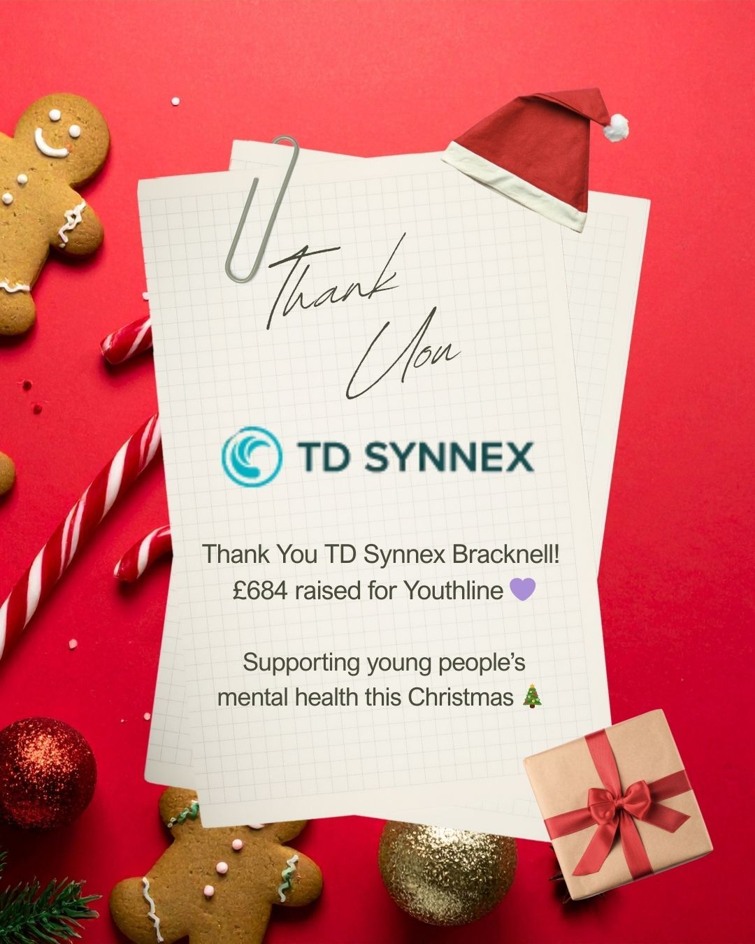 🎄💜 A huge thank you to TD Synnex Bracknell! 💜🎄
We are so grateful to the team at TD Synnex Bracknell for raising an incredible £684 for Youthline through their Christmas staff raffle and activities!
Your generosity will make a real difference in supporting young people facing mental health challenges across Bracknell Forest. Every pound helps us continue providing vital counselling and support to those who need it most.
Thank you to everyone at TD Synnex for your kindness, creativity, and festive spirit — we truly appreciate your support!
#Youthline #CommunitySupport #MentalHealthMatters #ThankYou #BracknellForest