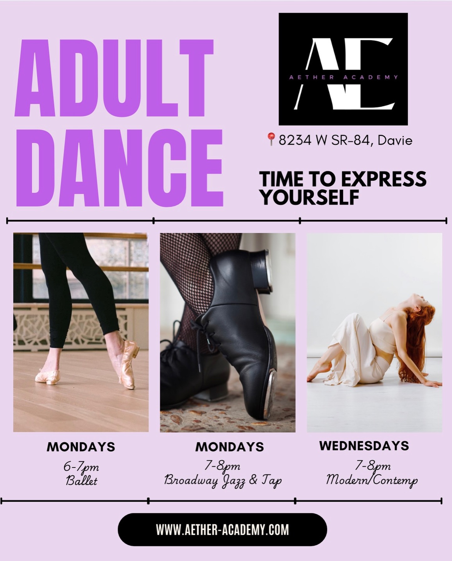 Calling all Adult Dancers 💃🩰✨
Time to explore & express yourself!!!!!
Mondays • Ballet • 6-7pm
Mondays • Broadway Jazz & Tap • 7-8pm
Wednesdays • Modern Contemporary-Lyrical Jazz • 7-8pm
$25 drop-in | $180 x8 class package
📍8234 W SR-84, Davie 33324
Register Today 👇
www.aether-academy.com