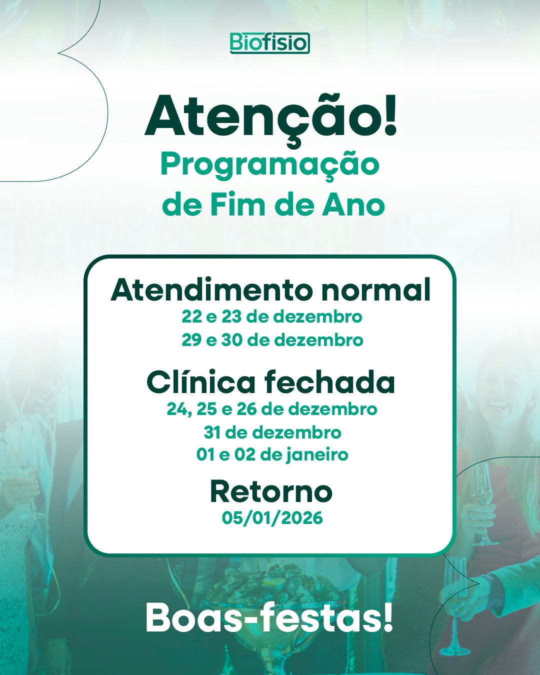 O fim de ano chegou!
Confira os horários e as datas de funcionamento da Biofisio.
Atendimento normal
22 e 23 de dezembro
29 e 30 de dezembro
Clínica fechada
24, 25 e 26 de dezembro
31 de dezembro
01 e 02 de janeiro
Retorno
05/01/2026
Aproveitamos para desejar um feliz Natal e um próspero Ano Novo para você e toda a sua família.
Boas-festas! ✨
Avenida Esperança, 237
Centro - Guarulhos - SP
(11) 2382-3003 | (11) 2468-1675
#biofisio #clinicaintegrada #fisioterapia #neurologia #ortopedia #terapia #mobilidade #natal #anonovo #boasfestas