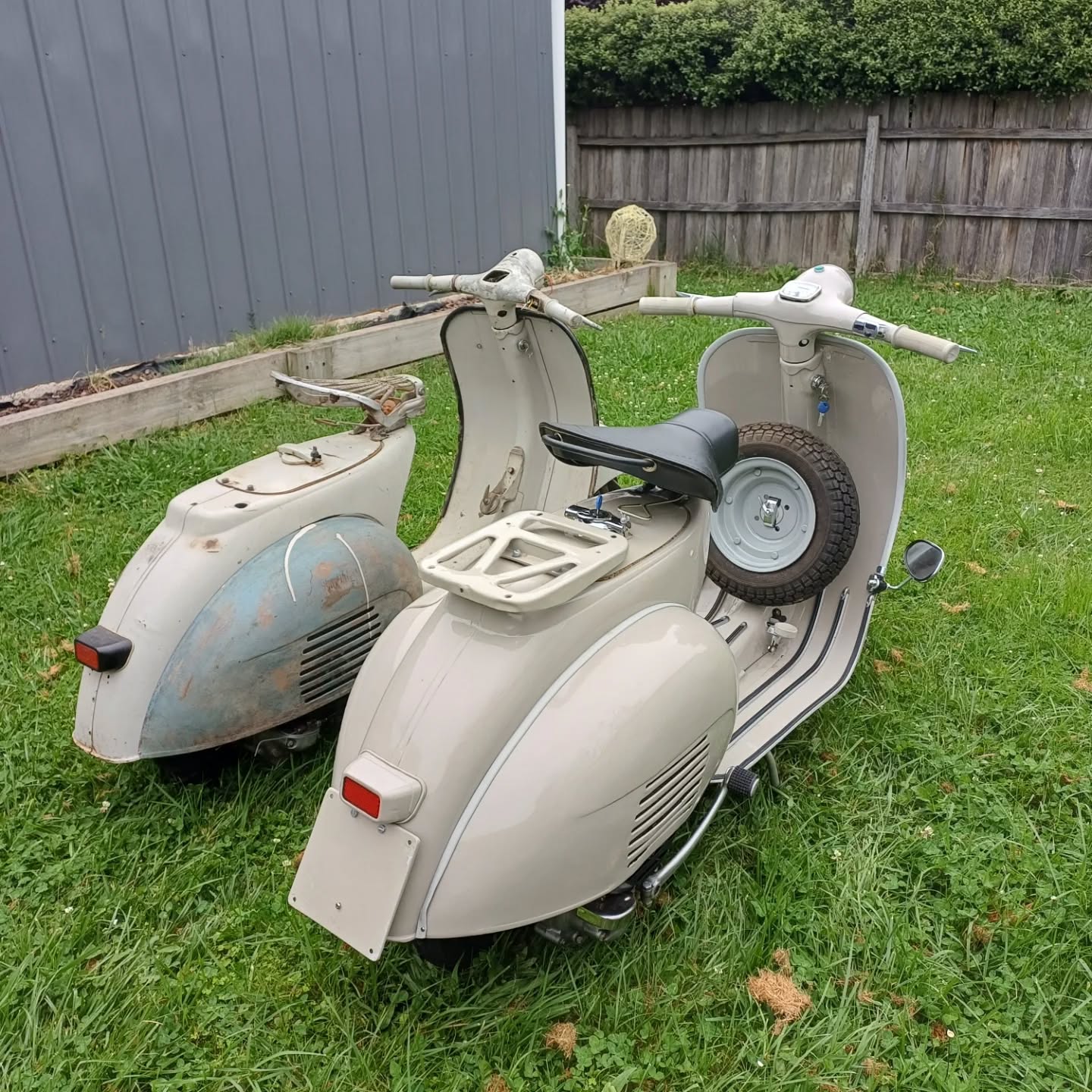 GNC Authentic Vespa Resurrection
Couples who ride together, stay together !!
GNC is rolling into 2026 with this double project to be build:
His:
1958 Vespa VNA 125 Rat,
with 1959 Vespa VBA engine ,GNC SuperTouring, with hot crank, 177cc cylinder kit, Si 20.20 carby & SIP Road2 exhaust.
12V Vape ignition & trick suspension
Hers:
1957 Vespa VNA 125 stock restoration
With electronic ignition & upgraded suspension.