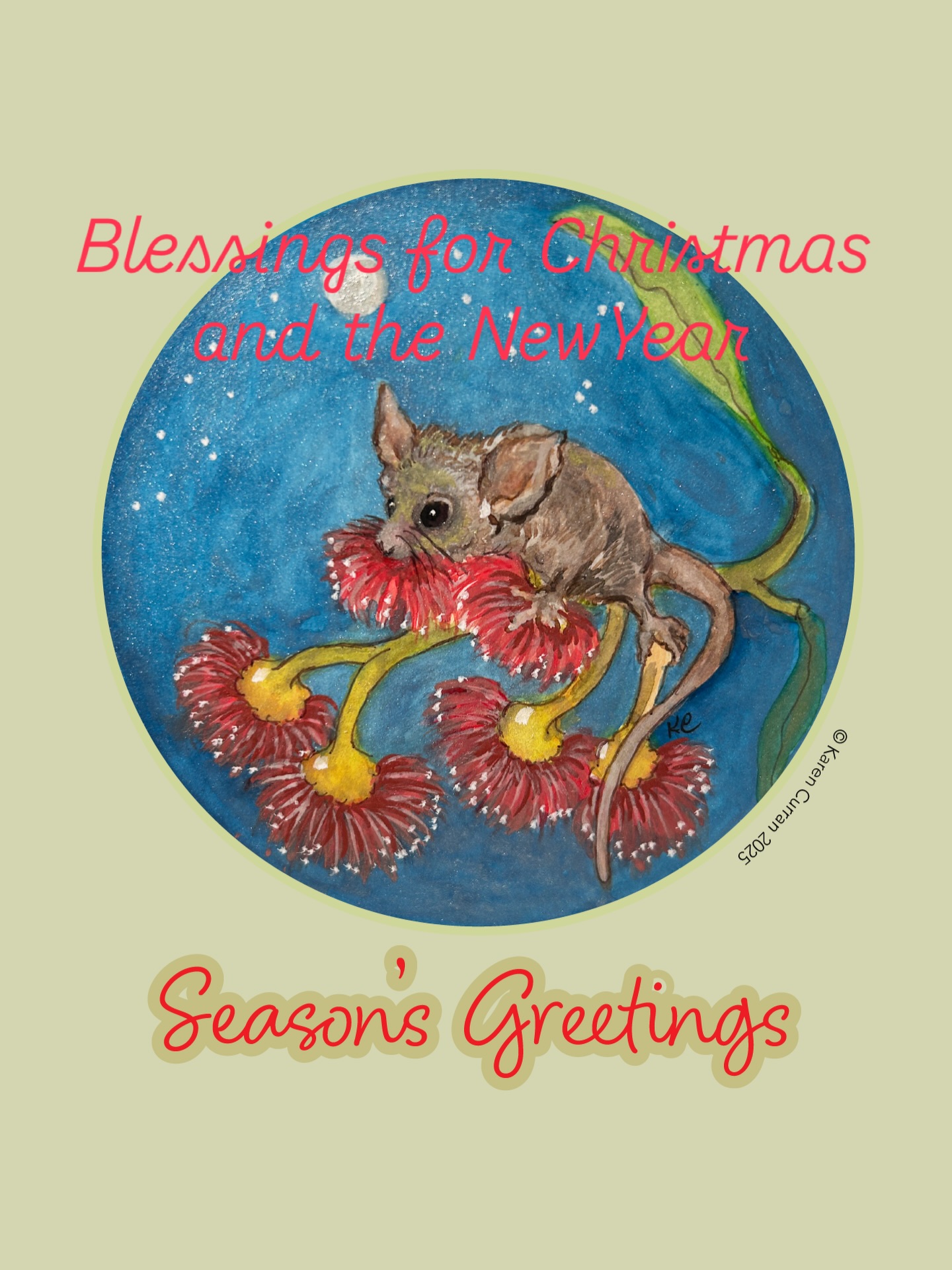 Blessings for Christmas and the New Year.
May there be peace, kindness, goodness and compassion.
Wishing you joy.
Karen Curran ~ The Heart of Us
www.karencurran.com
Australia