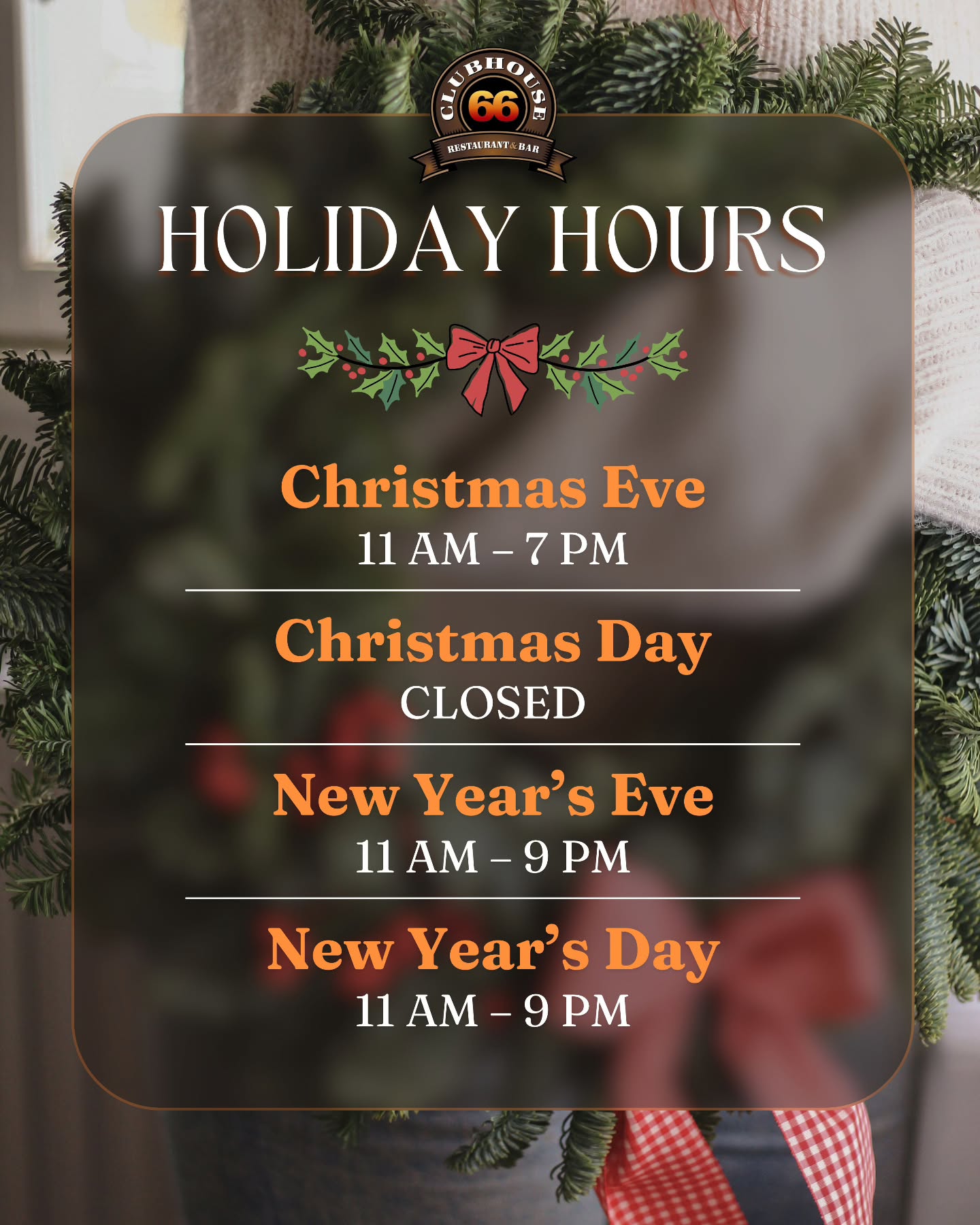 ✨ Holiday Hours at Clubhouse 66 ✨
🎄 Christmas Eve: 11 AM – 7 PM
🎄 Christmas Day: CLOSED
🎉 New Year’s Eve: 11 AM – 9 PM
✨ New Year’s Day: 11 AM – 9 PM
Stop by for your favorite meals and drinks this season — we can’t wait to welcome you! 🍲🥂
#Clubhouse66 #GlendoraEats #HolidayHours #ChristmasEve #NewYearsEve #NewYearsDay #FoodAndDrinks #HolidayDining #GlendoraCA