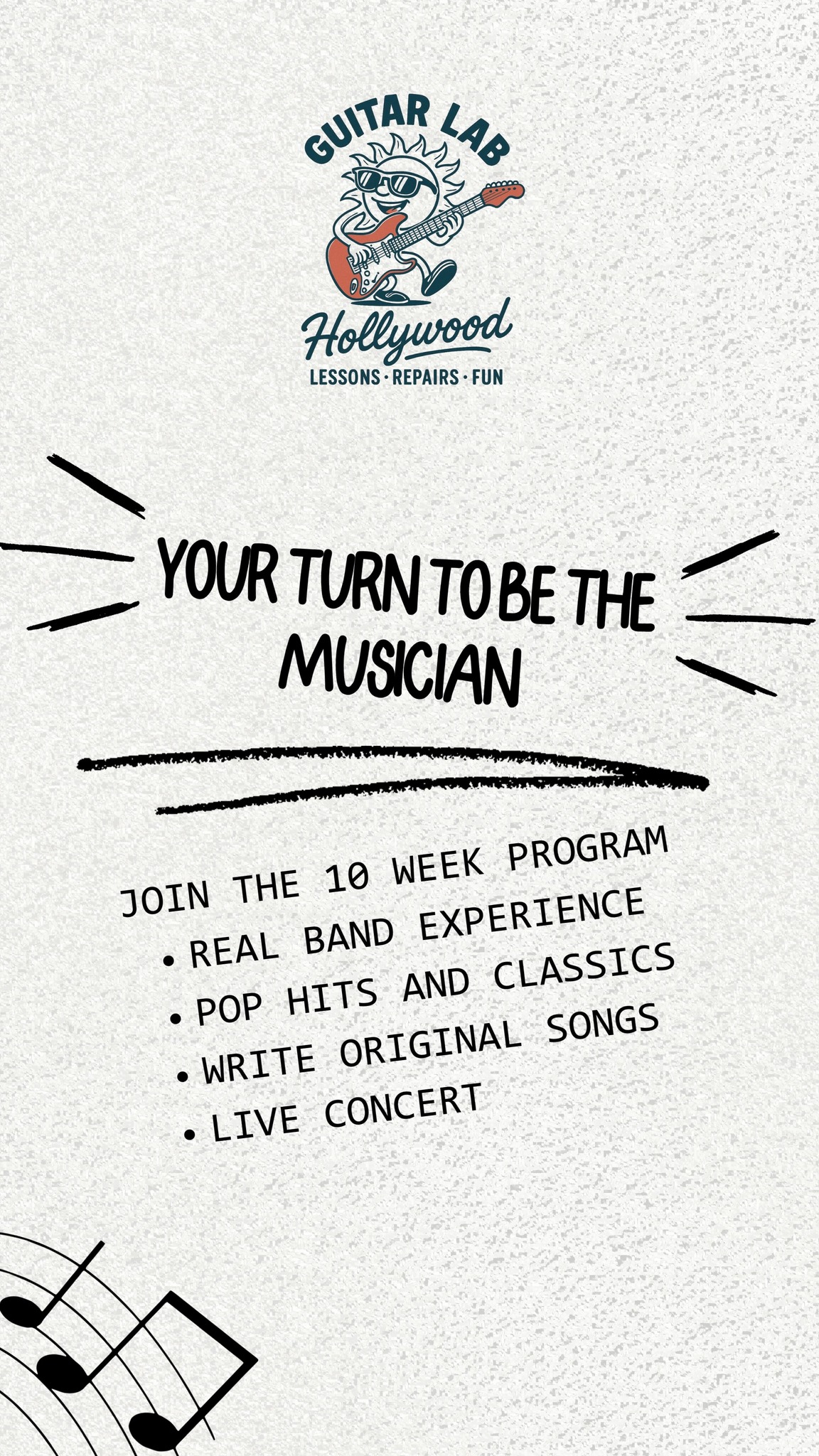 🎸 Your turn to be the musician.
Our 10-week Pop Music Workshop gives you real band experience, the chance to play pop hits and classics, write original songs, and perform live in front of an audience.
If you’re ready to grow your skills and have fun doing it, this is your moment.
✨ Sign up now at GuitarLabHollywood.com
Follow @guitarlabhollywood for updates, student performances, and behind-the-scenes clips.
Let’s make music together in Hollywood. 🎶
#MusicLessons #GuitarLessons #LosAngelesMusic #LAMusicians #HollywoodMusic #ThingsToDoInLA #BandRehearsal #MakeMusic #GuitarLabHollywood #GuitarLab #MusicSchool #MusicStudioLA #guitartutor #guitarteacher #guitarlessons
