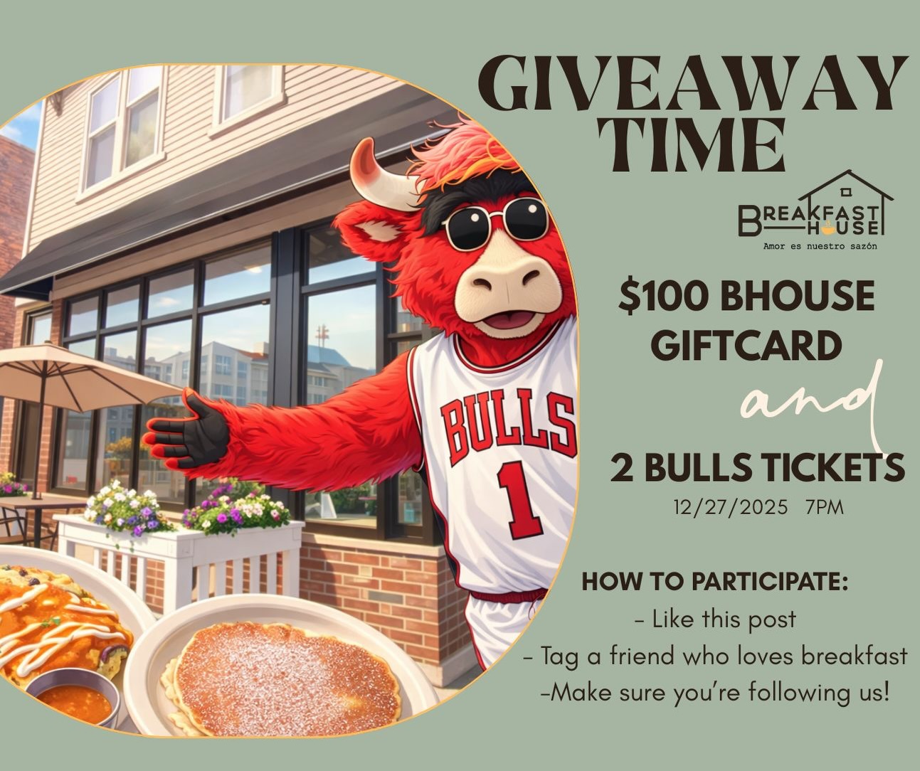 ๐ GIVEAWAY TIME! ๐
Weโre giving away something special.
WHAT YOU WIN:
๐ณ $100 Breakfast House gift card
๐ 2 Bulls tickets
Bulls vs Bucks
December 27 at 7:00 PM
Section 326
HOW TO ENTER:
-Like this post
-Tag a friend
-Make sure youโre following us
๐ Repost this post for 3X entries
WINNER ANNOUNCEMENT:
๐ฃ Monday, December 22 at 10:00 AM
Good Luck ๐