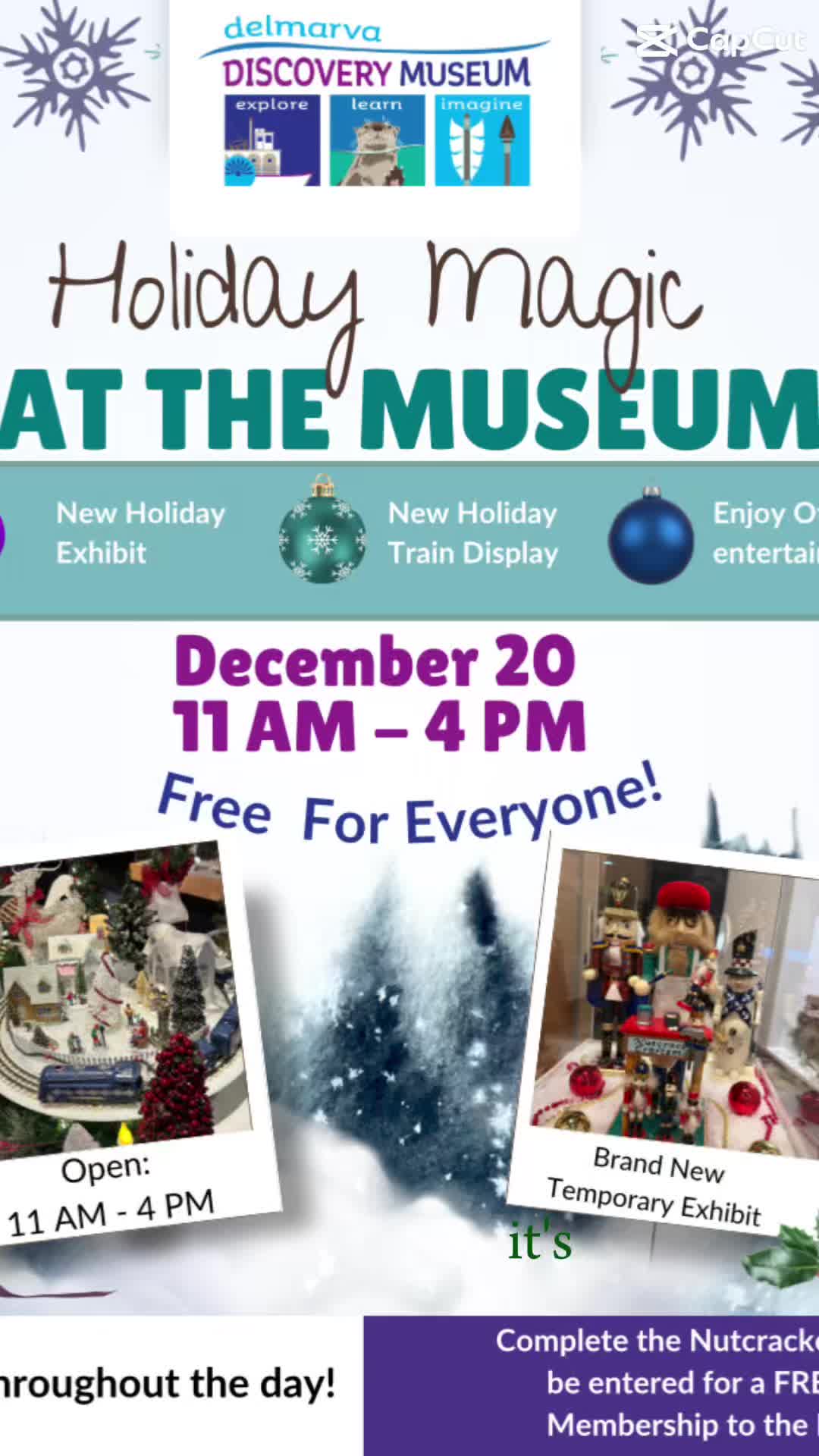 Join the Delmarva Discovery Museum for our free for everyone Saturday! Enjoy Holiday Magic at the Museum! Doors open at 11 AM, Grinch visits throughout the day and all new train and nutcrackers displays!