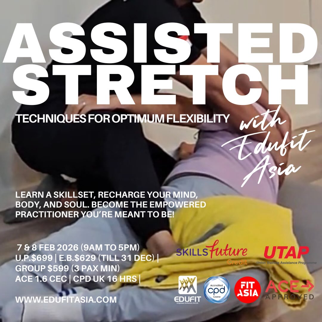 🌟 KICKSTART 2026 WITH A NEW SKILLSET! 🌟 Learn the art of assisted stretching to enhance mobility, reduce tension, and improve overall wellness. Perfect for fitness professionals, manual therapists, and wellness enthusiasts looking to expand their skillset.
✅ Why Sign Up?
• Eligible for SkillsFuture Credit & UTAP
• Gain practical, hands-on knowledge
• Enhance your career opportunities
🚨 Hurry! Slots are limited!
👉 Don’t miss this chance to invest in yourself. Sign up now and take your skills to the next level!
📅 7&8 FEBRUARY 2026
🔗 https://fitasia.sg/courses/assisted-stretching/
#SkillsFutureEligible #AssistedStretching #LifelongLearning #SingaporeCourses #HealthAndWellness careerdevelopment sportsmassagetherapist sportsmassagetherapy manualtherapist stretchtherapy singapore malaysia vietnam thailand indonesia