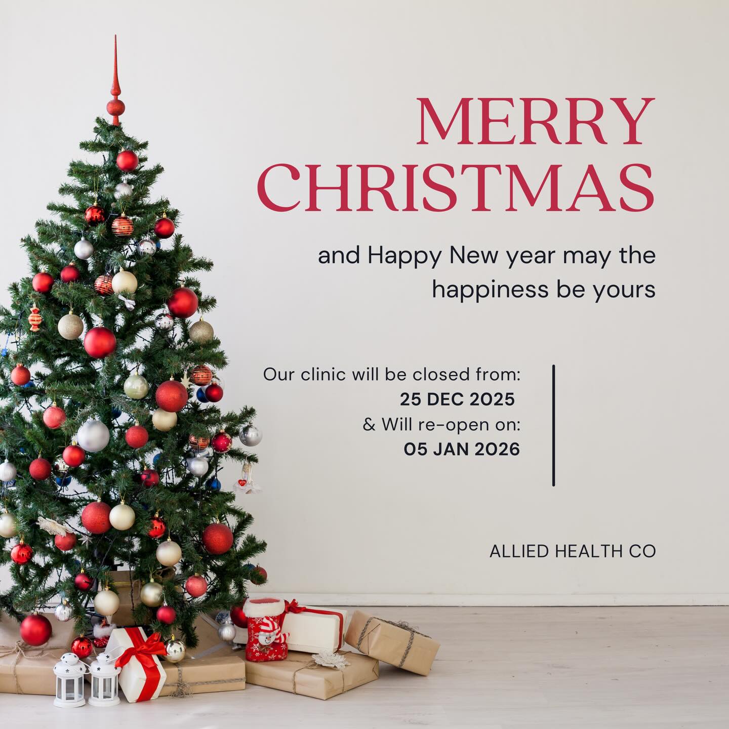 🎄✨ Merry Christmas from all of us at Allied Health Co ✨🎄
Thank you to our amazing clients and community for your support throughout the year.
We wish you a safe, joyful holiday season and a healthy, happy New Year 🤍
📅 Holiday Closure:
Closed from 25 December 2025
Re-opening 5 January 2026
We look forward to welcoming you back in the New Year.