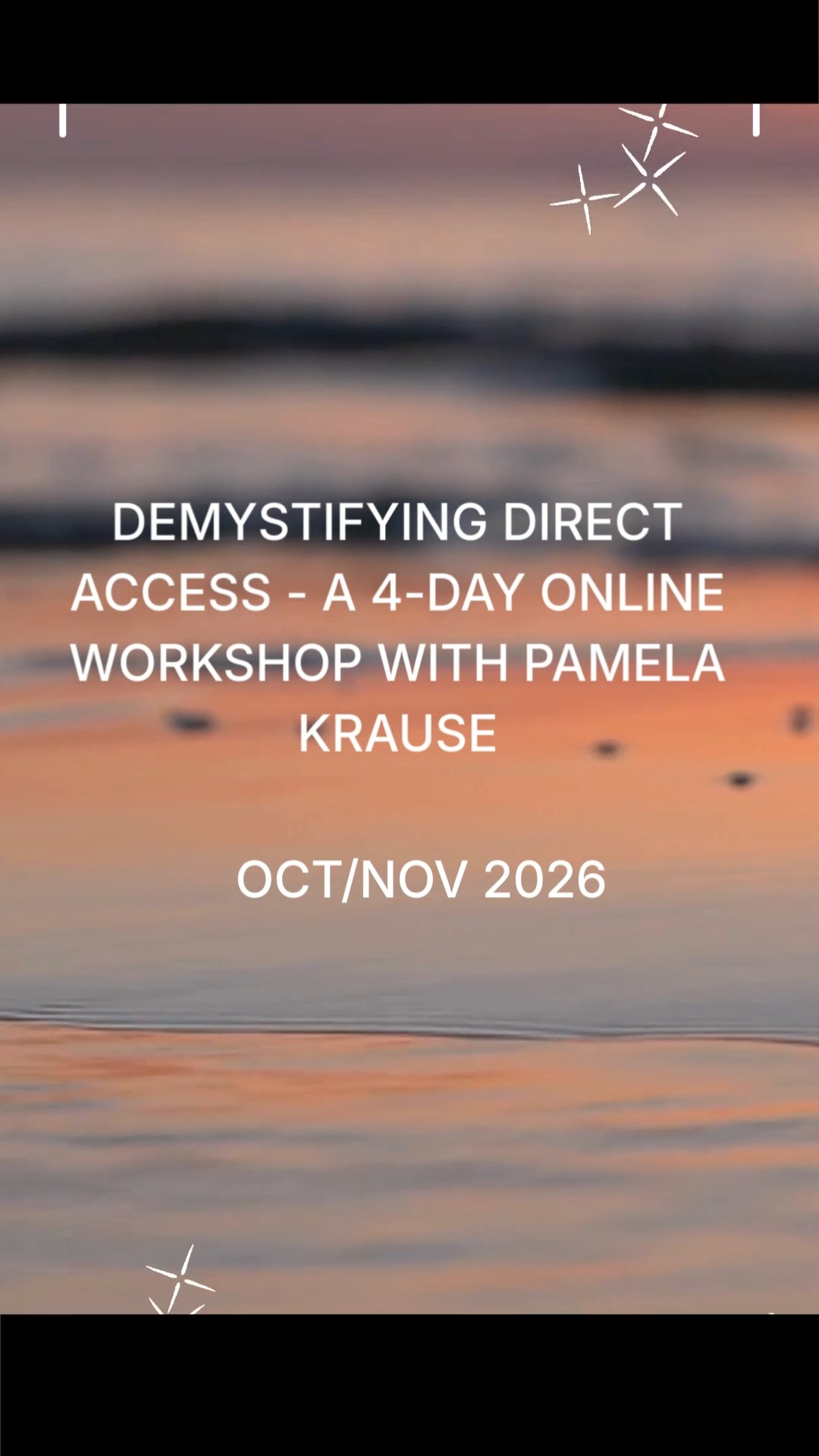DEMYSTIFYING DIRECT ACCESS - A 4-DAY ONLINE WORKSHOP WITH PAMELA KRAUSE - OCT/NOV 2026
Direct Access (DA) simply means that the Self of the practitioner is in relationship with the part(s) of the client. While the definition is simple, the application of the concept can be confusing. 🔍 This workshop will explore the concept of DA, help demystify the modality, and give you tools to deepen your skills with this essential component of the model. 🛠️🌱
Applications are now open for this 4-day online workshop in Oct/Nov 2026 📅✨
#PamelaKrause #DirectAccess #IFS #InternalFamilySystems #OnlineWorkshop #TherapistTraining #SomaticTherapy #IFSCommunity #ProfessionalDevelopment