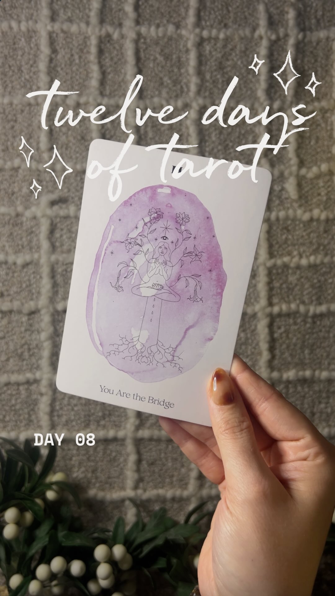 back again with day 08 of ✨ twelve days of tarot ✨
i decided to use this wonderful oracle card deck again because i love it so much! if you watched day 07, you’ll see the synchronicity showing through here with the number 2 (the same as the high priestess!!)
🤍 YOU ARE THE BRIDGE 🤍
“Don’t you know that you are the bridge between Heaven and Earth? Your body is an instrument for all that is sacred and Divine, a powerful vessel for divinity to flow through the channels of your being.
It is through this process that you may recognize your limitless potential for being a body of Divine Spirit incarnate! The Divine is not outside of you, but instead moves through you in an ecstatic dance of holy light.
You give the higher realms a voice, a place for Divine wisdom to land softly in your luminous heart. You are here to activate Heaven on Earth, dear one.
If you’ve forgotten your magic, are unable to see the holiness that flows through your veins, do the following ritual to activate the rainbow bridge of light within and remember your divinity.
🌀 RITUAL 🌀
Sit comfortably with your spine straight and close your eyes. Begin breathing deeply in and out through your nose.
Imagine that a pillar of white light is lovingly streaming down from the heavens and entering your being through the top of your head.
Allow this pillar of light to move slowly through each energy center of your body, lighting up each chakra like a rainbow.
Violet light at your crown, indigo at your third eye, turquoise at your throat, green at your heart, yellow at your solar plexus, orange at your sacral chakra, and red at your root.
Once at your root, imagine now that this pillar of light travels down deep into the Earth as glowing, golden tree roots.
Take a few moments to continue to breathe and soak in the holiness activated within you.
When you are finished, simply place your hands on your heart and feel gratitude for all that you are a heavenly body of sacred love.”
i’ll catch you tomorrow for day 09! 🤍
———————————————
deck = ‘Messages from the Heart of the Divine’ by Ashley River Brant