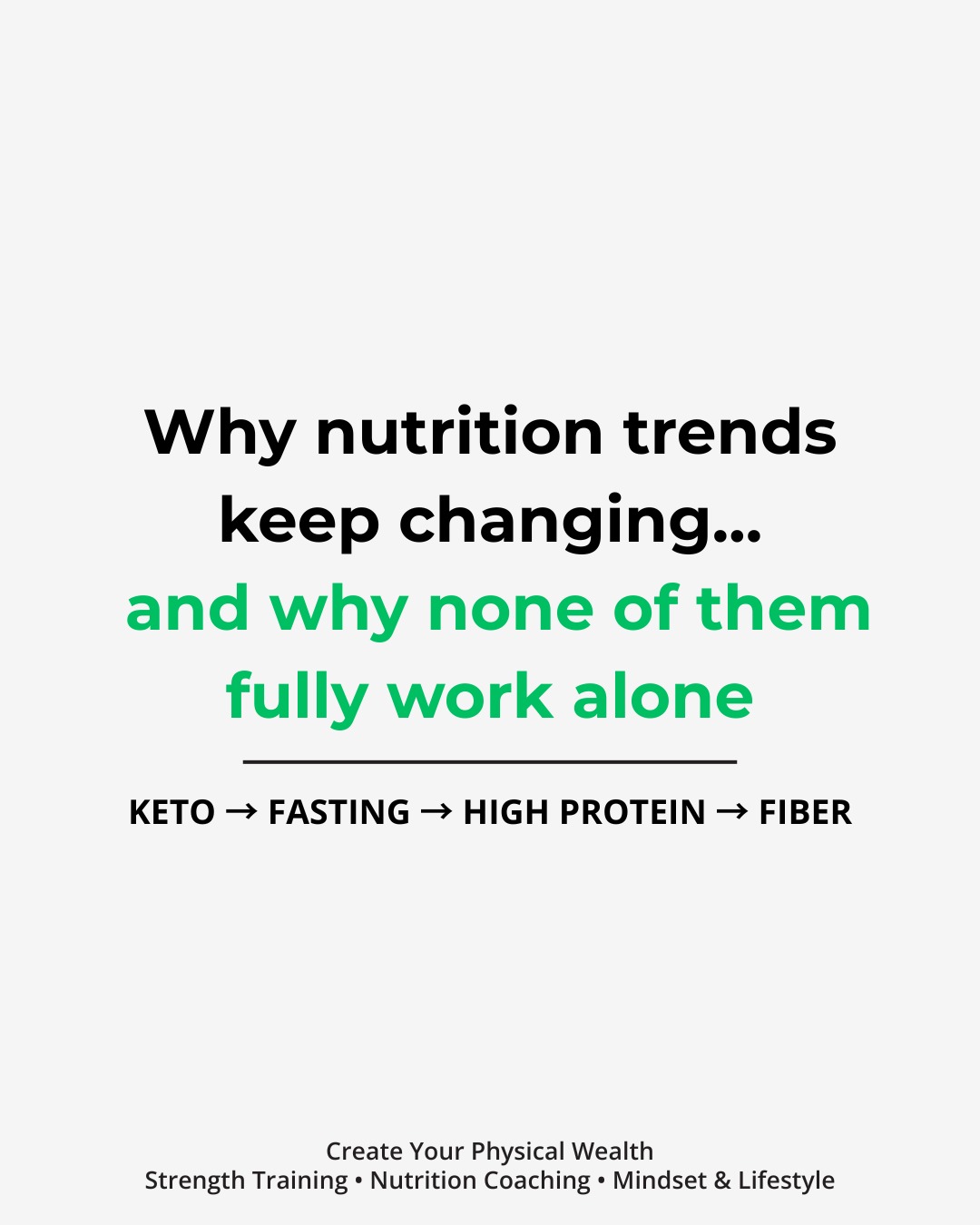 Nutrition trends aren’t random.
Each new one solves a real problem…
but creates another when taken to the extreme.
The mistake isn’t trying keto, fasting, high protein, or fiber.
The mistake is thinking any of them are the entire solution.
Real progress happens when you combine the best parts:
• Protein for muscle
• Fiber for digestion
• Carbs for energy
• Fats for hormones & satiety
• Structure for consistency
Save this if you’re done restarting every year.