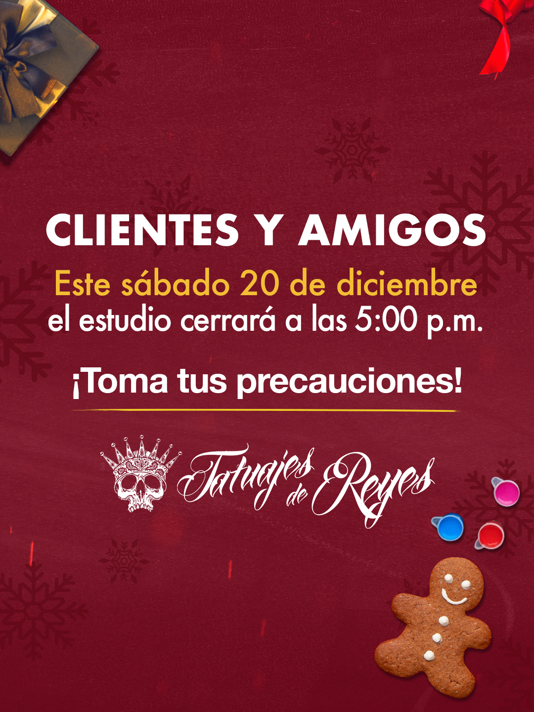 ✨ CLIENTES Y AMIGOS 🙌
Este sábado 20 de diciembre el estudio cerrará a las 5:00 p.m.
¡Toma tus precauciones!
#Tattoo #Tatuaje #Mexico #Guadalajara #ReyesTattoo #TatuajesdeReyes #ReyesTattooSupply #TattooSupplies #TattooSupply #MaterialParaTatuar #EquipoparaTatuar